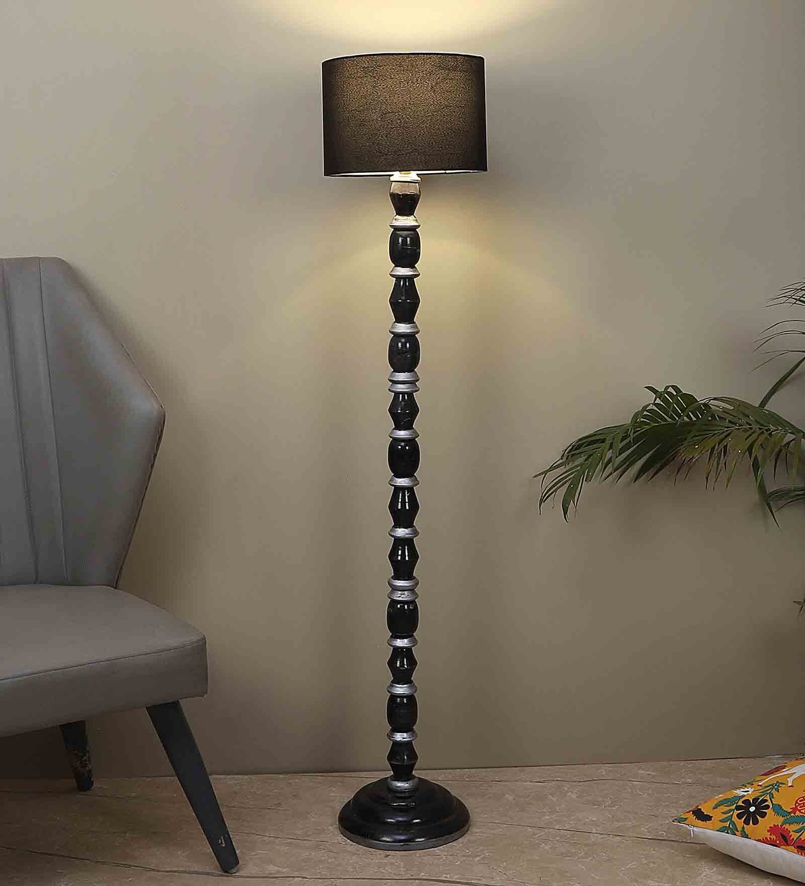 Black Cotton Shade Novelty Floor Lamp Mango Wood Base