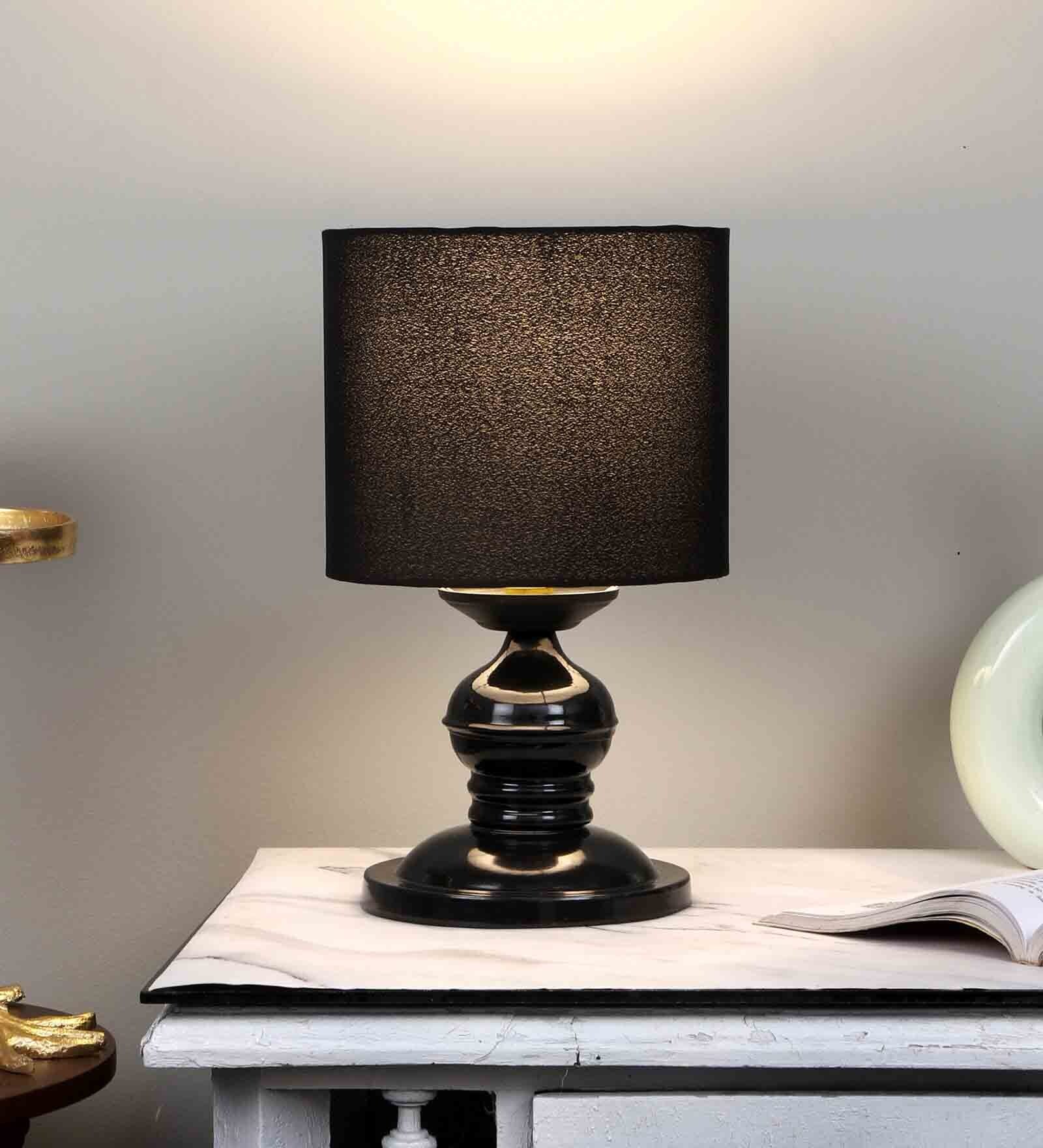 Black Cotton Shade Table Lamp With Iron Base