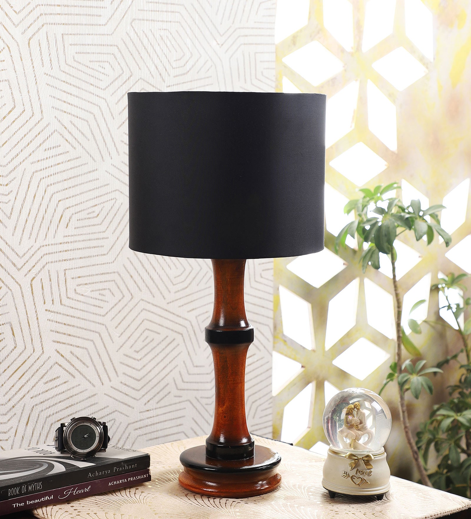 Black Cotton Shade Table Lamp with Wood Base