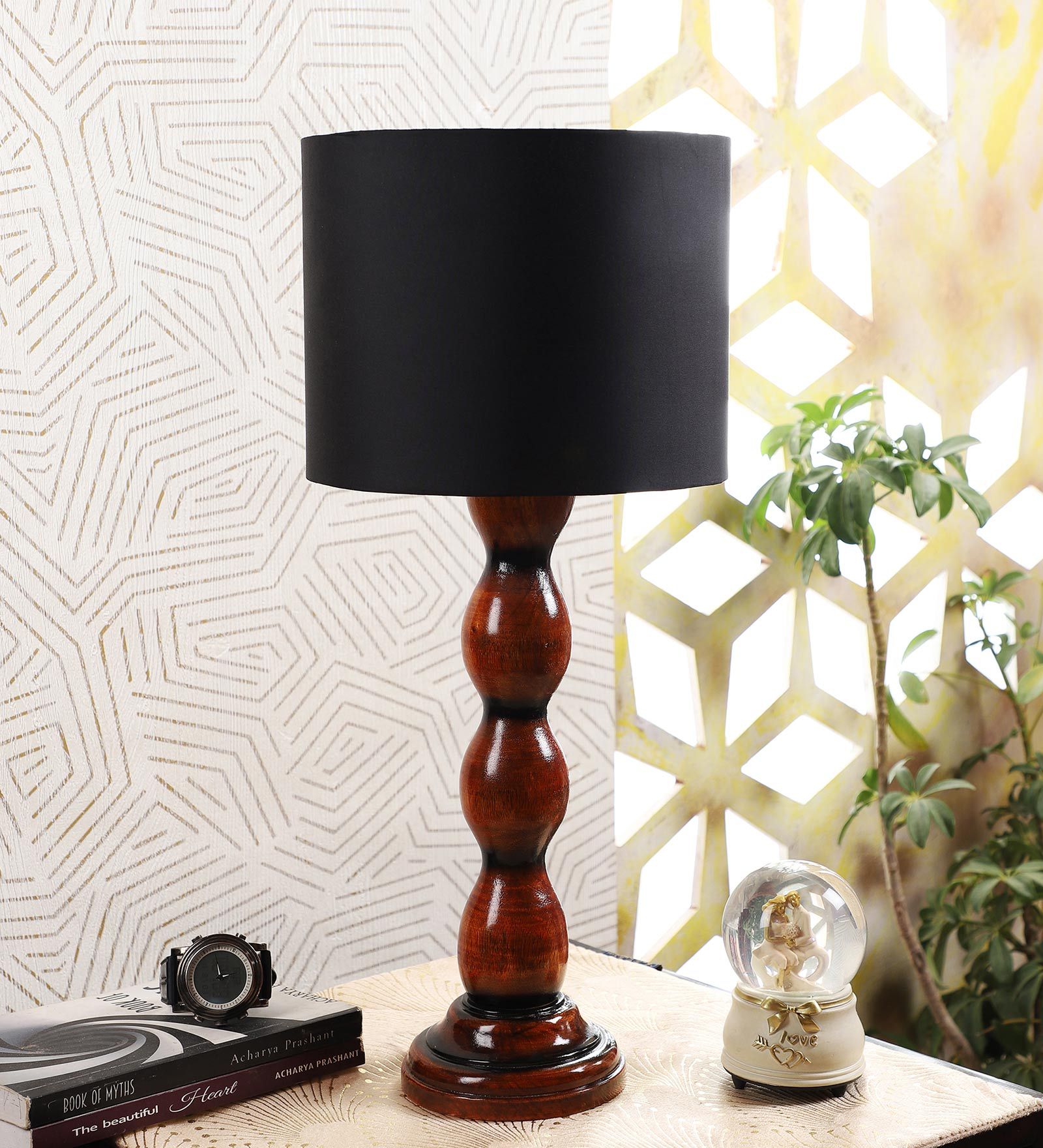 Black Cotton Shade Table Lamp with Wood Base
