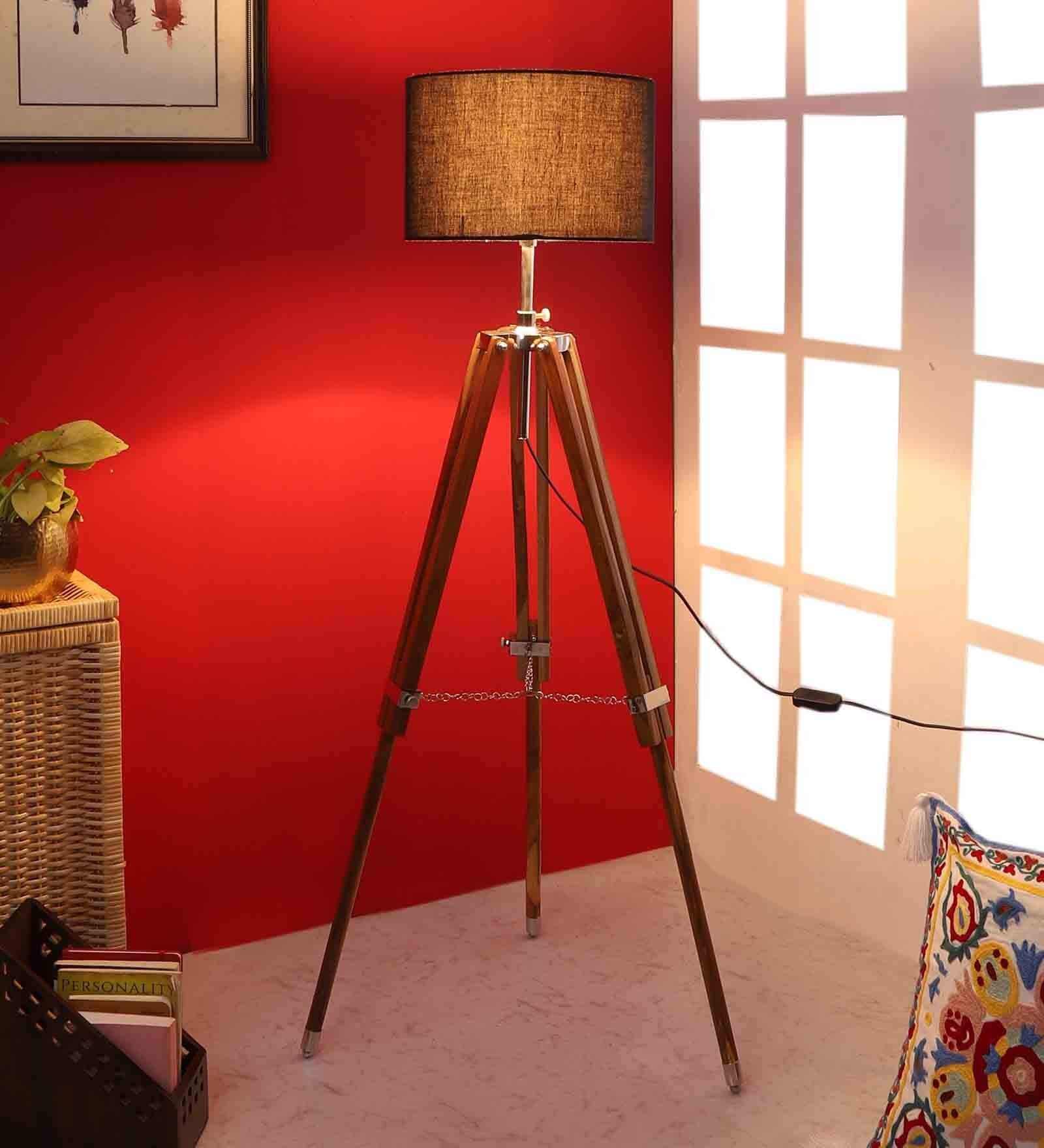 Lampost Black Cotton Shade Tripod Floor Lamp With Sheesham Wood Base