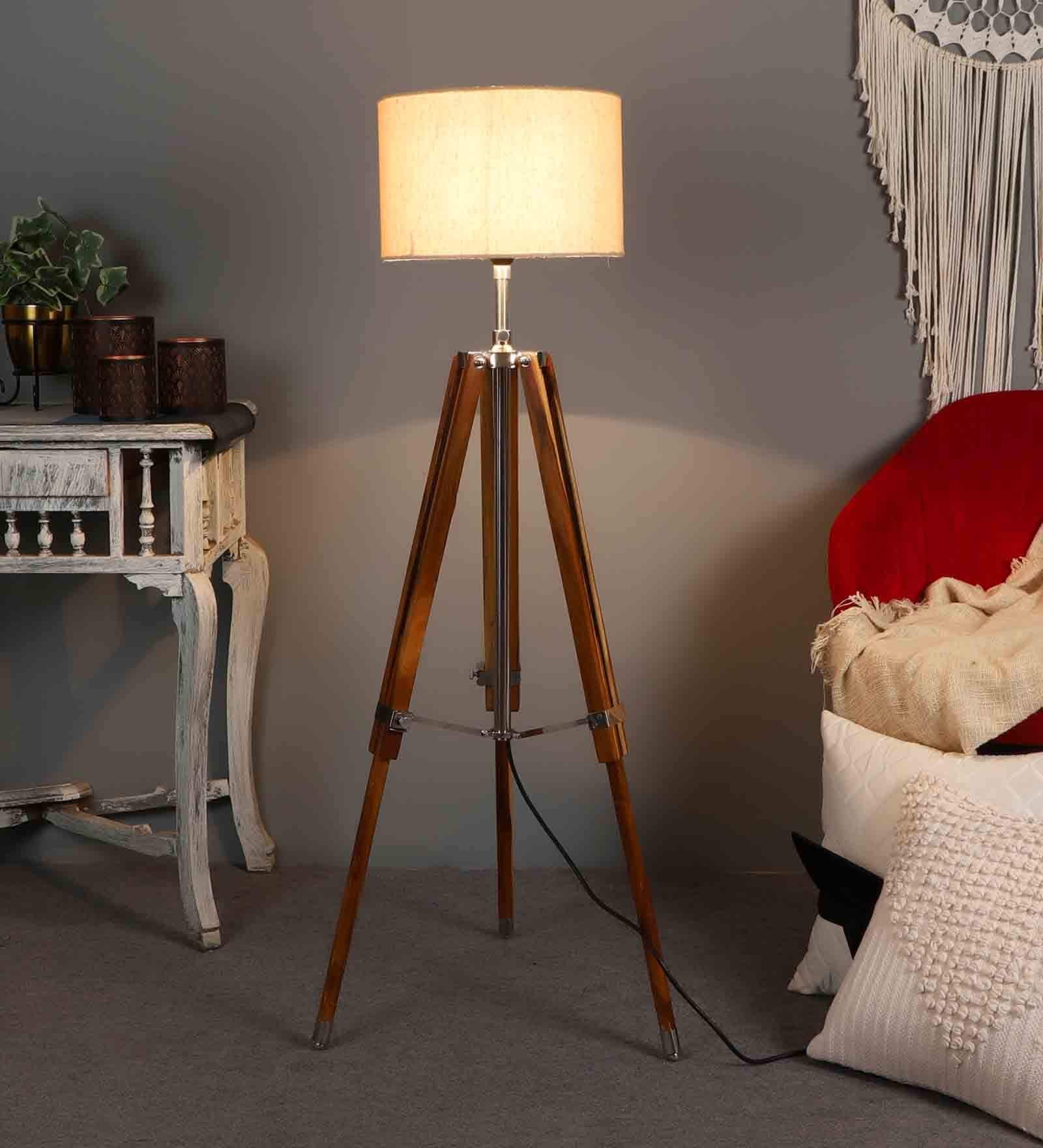 Frappe Black Cotton Shade Tripod Floor Lamp With Teak wood Base