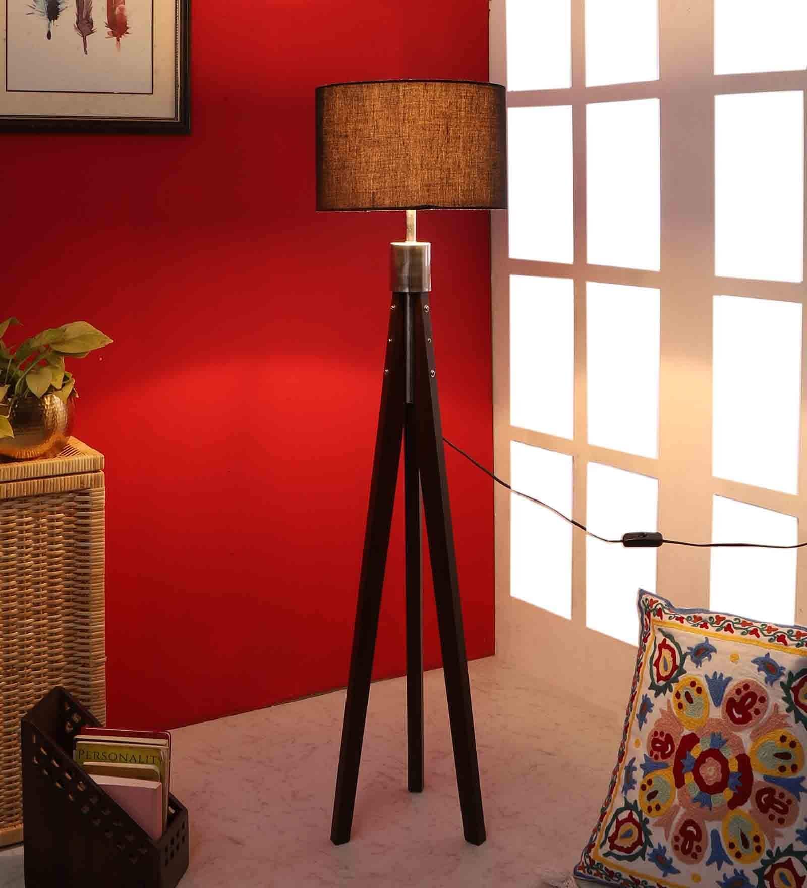 Black Cotton Shade Tripod Floor Lamp With MDF Base