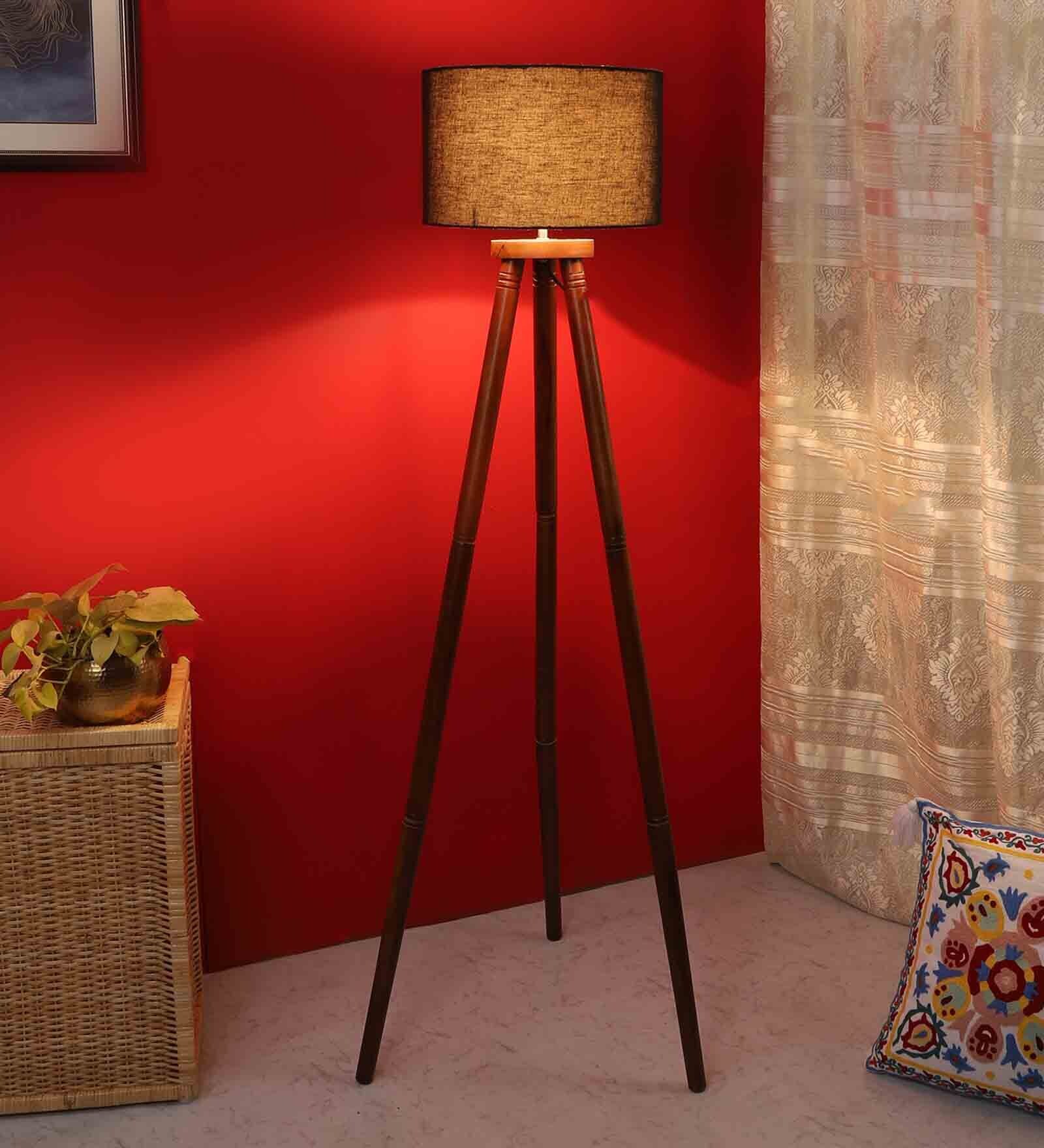 Buy Dynamic Black Cotton Shade Tripod Floor Lamp With Mango wood Base