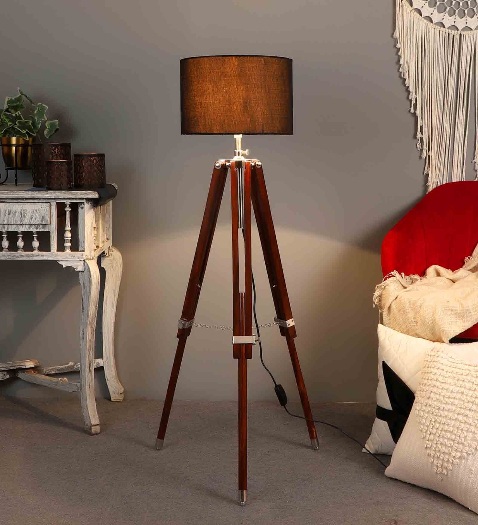Galaxy Black Cotton Shade Tripod Floor Lamp With Sheesham Wood Base