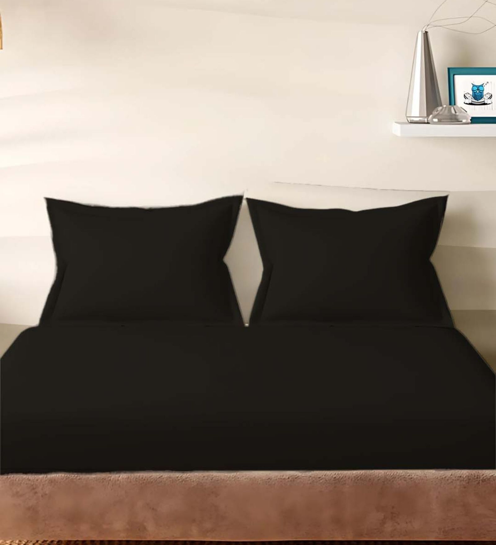 Black Cotton Solid 210TC Plain Super King Bedsheet with 2 Pillow Covers