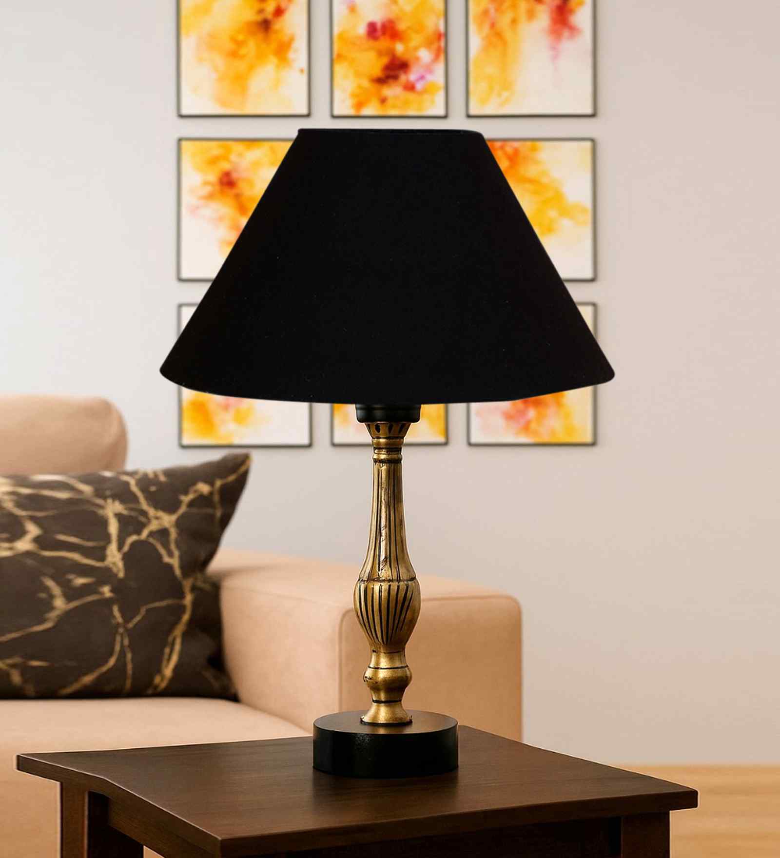 Black Cotton Table Lamp With  Metal & Wood  Base 10X15 Inches
