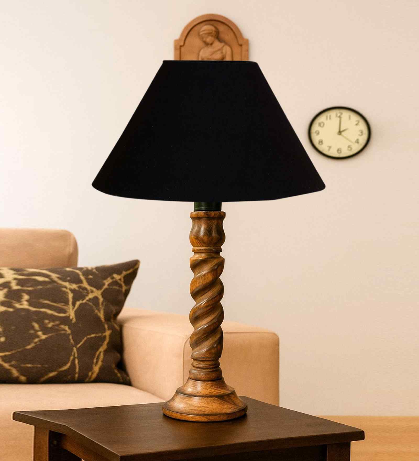 Black Cotton Table Lamp With  Wood  Base 10X19 Inches