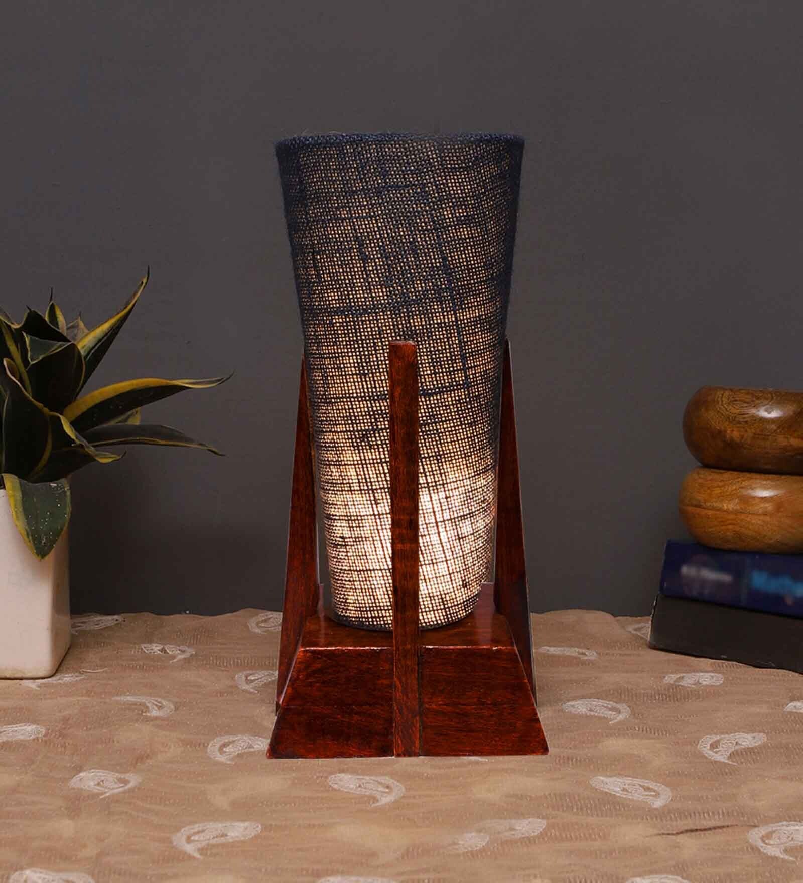 Black Cotton Table Lamp With Wood Base Black Cotton Table Lamp With Wood Base