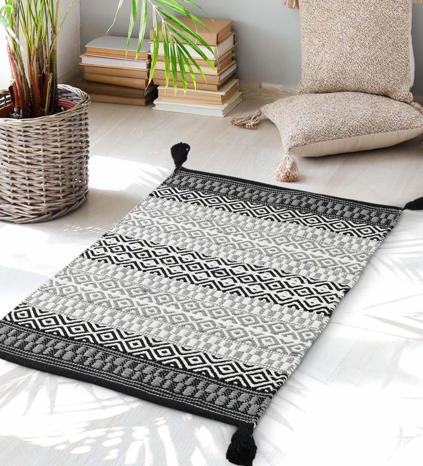 Black Cotton Vintage 2 x 3  Feet Hand Woven Dhurrie