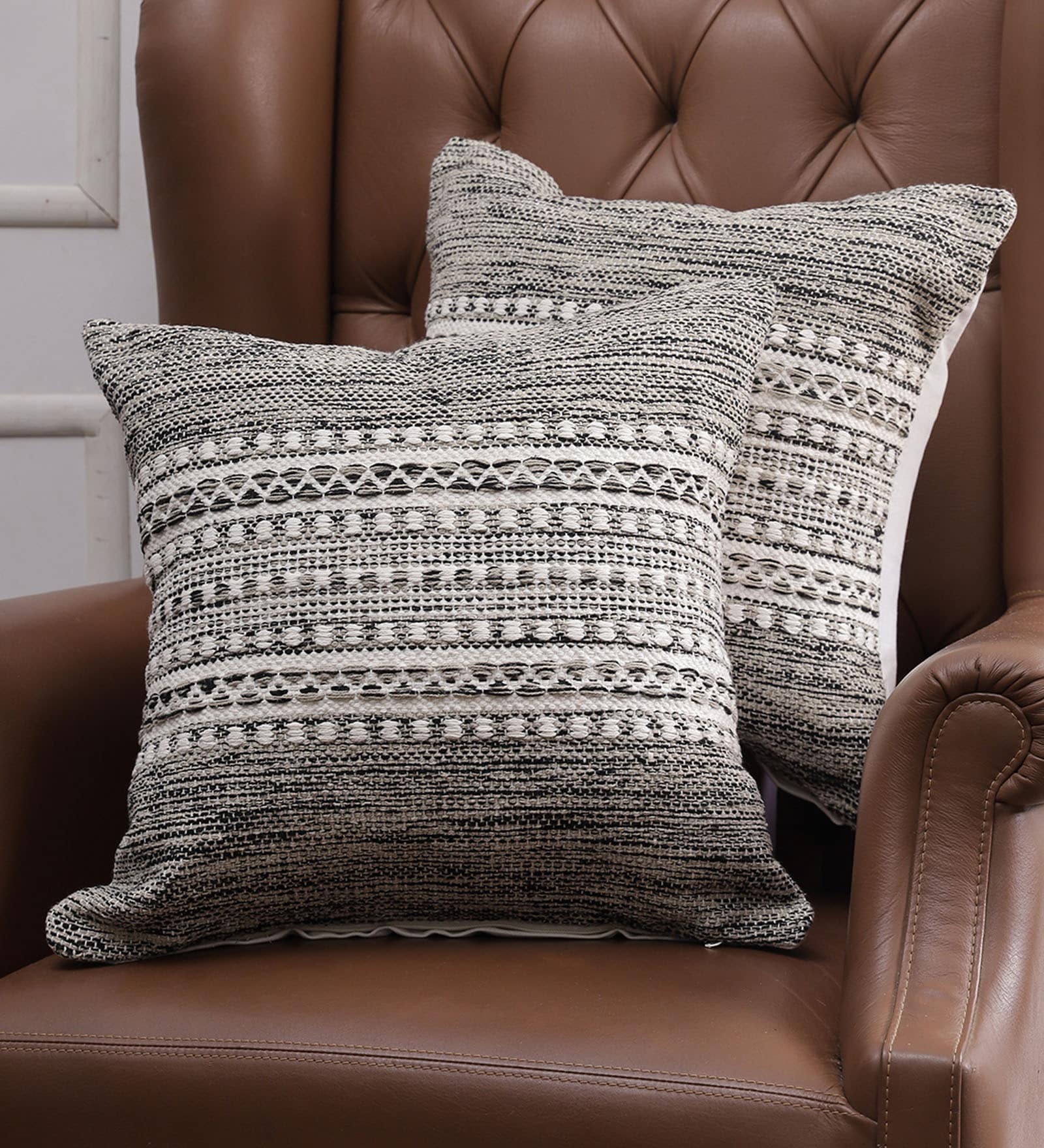Black Textured Cotton 18 x 18 Inches Cushion Covers (Set of 2)