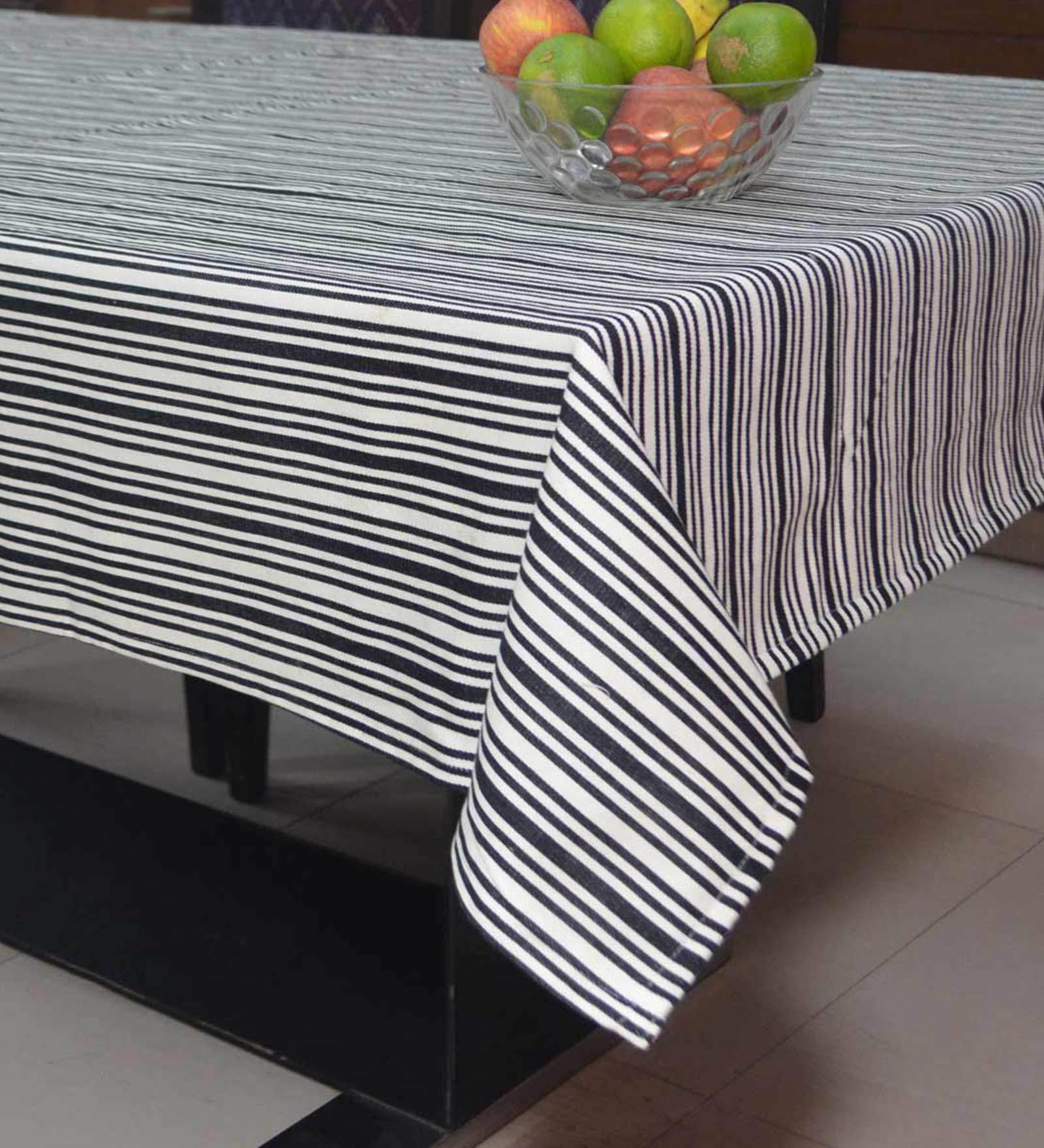 Woven Stripe Black Cotton 89X63 Inch Table Cloth
