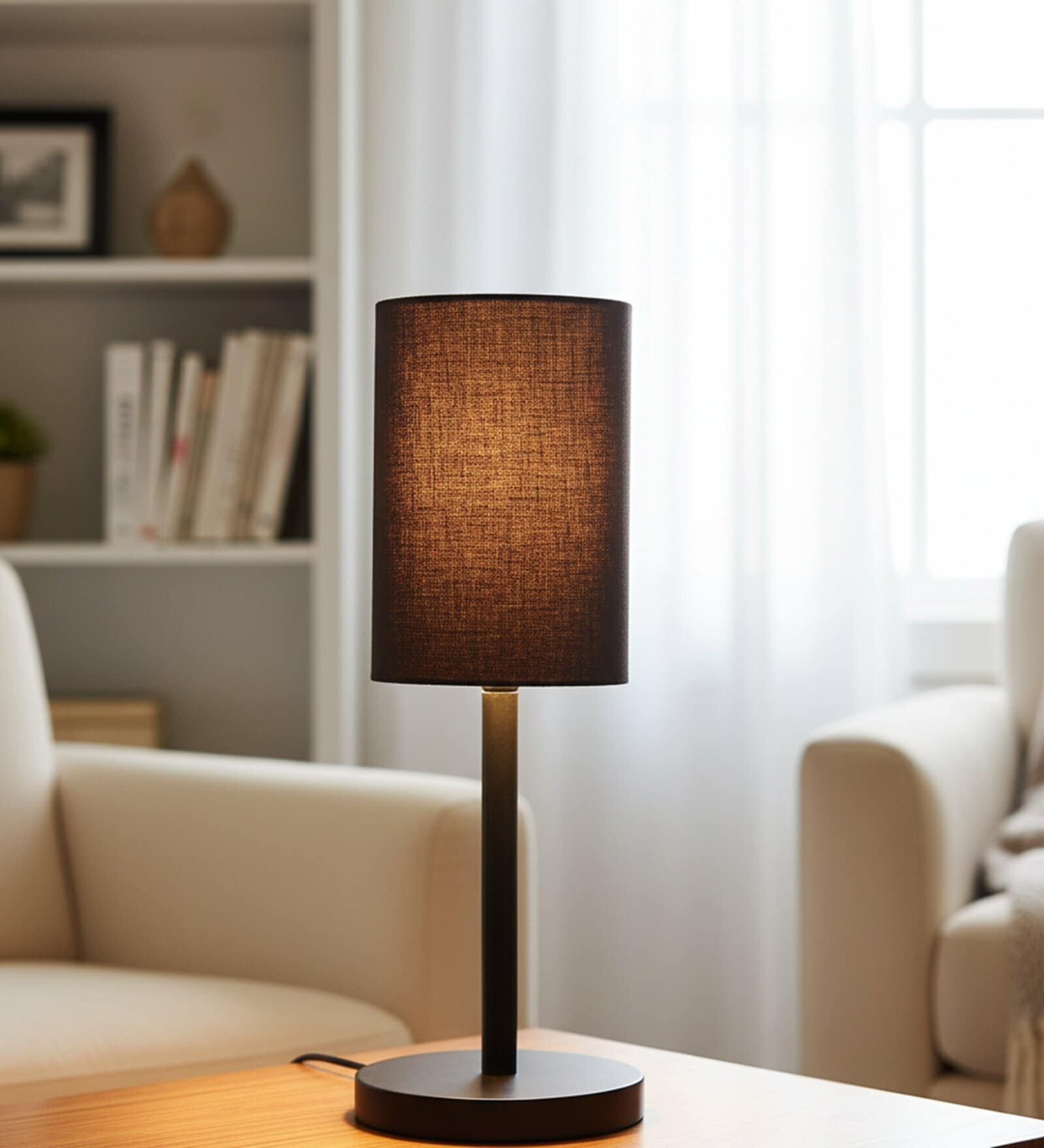 Black Cylinder Fabric Shade Table Lamp, Minimalist Bedside Lamp with Metal Base for Bedroom, Living Room & Study