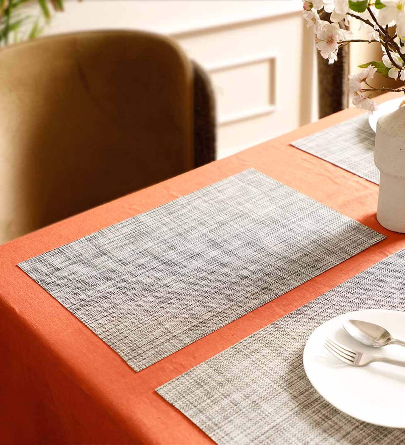 Grey Elena Rectangular Textured PVC Dining Table Placemat