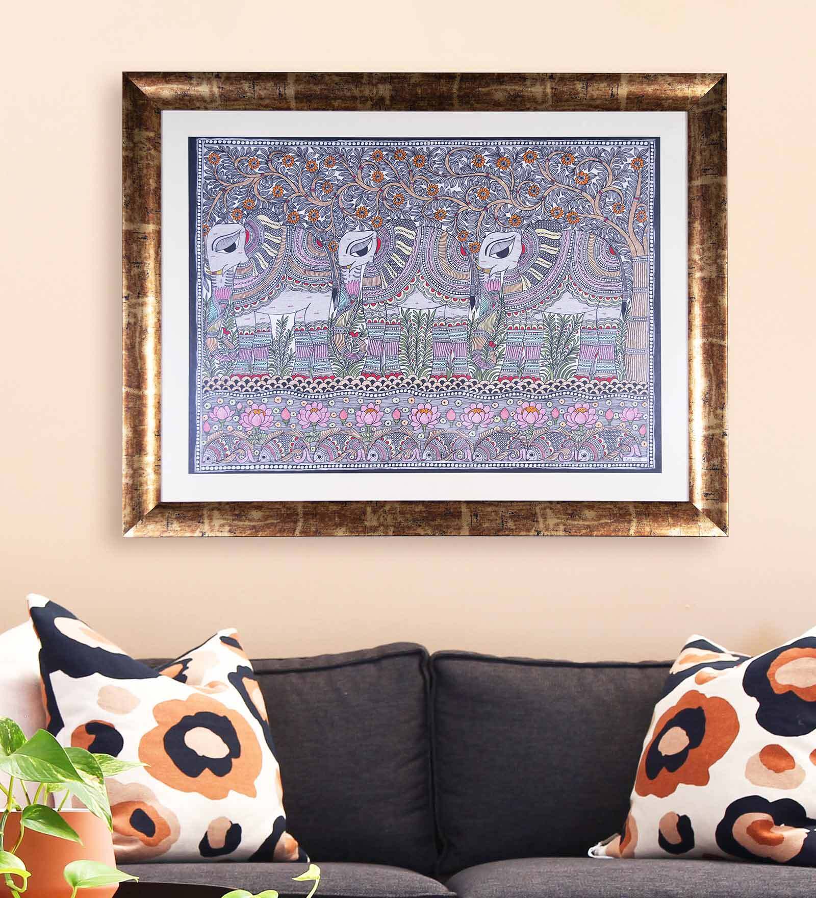 Elephants under the tree Original Handmade Madhubani Painting