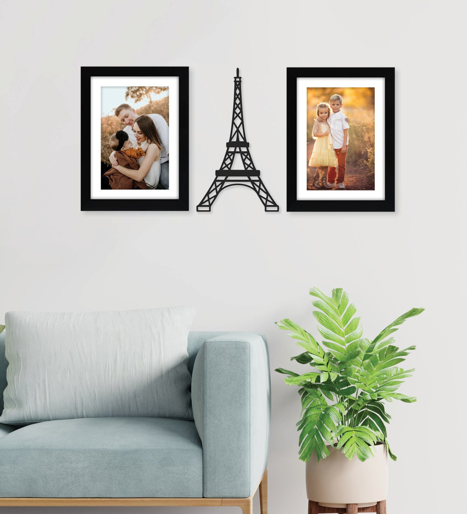Black Engineered Wood With Eiffel Tower Plaque, Set Of 2 Collage Photo Frames
