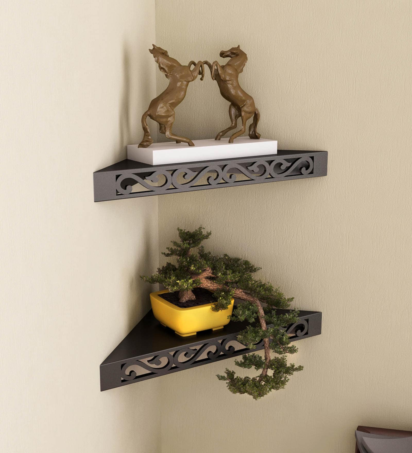 Buy Set of 2 Engineered Wood Corner Wall Shelf in Black Colour by Home
