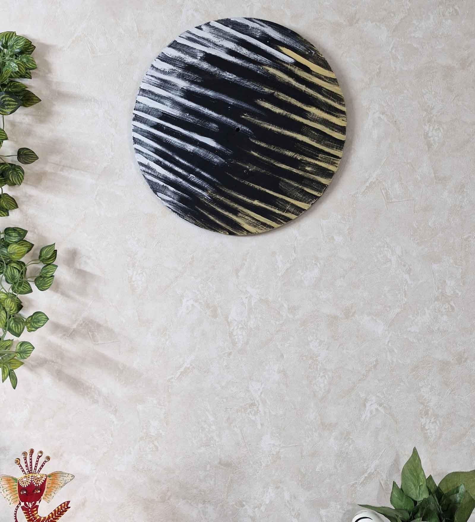 Black Engineered Wood Hanpainted 15 Inch Wall Art with White & Gold Lines