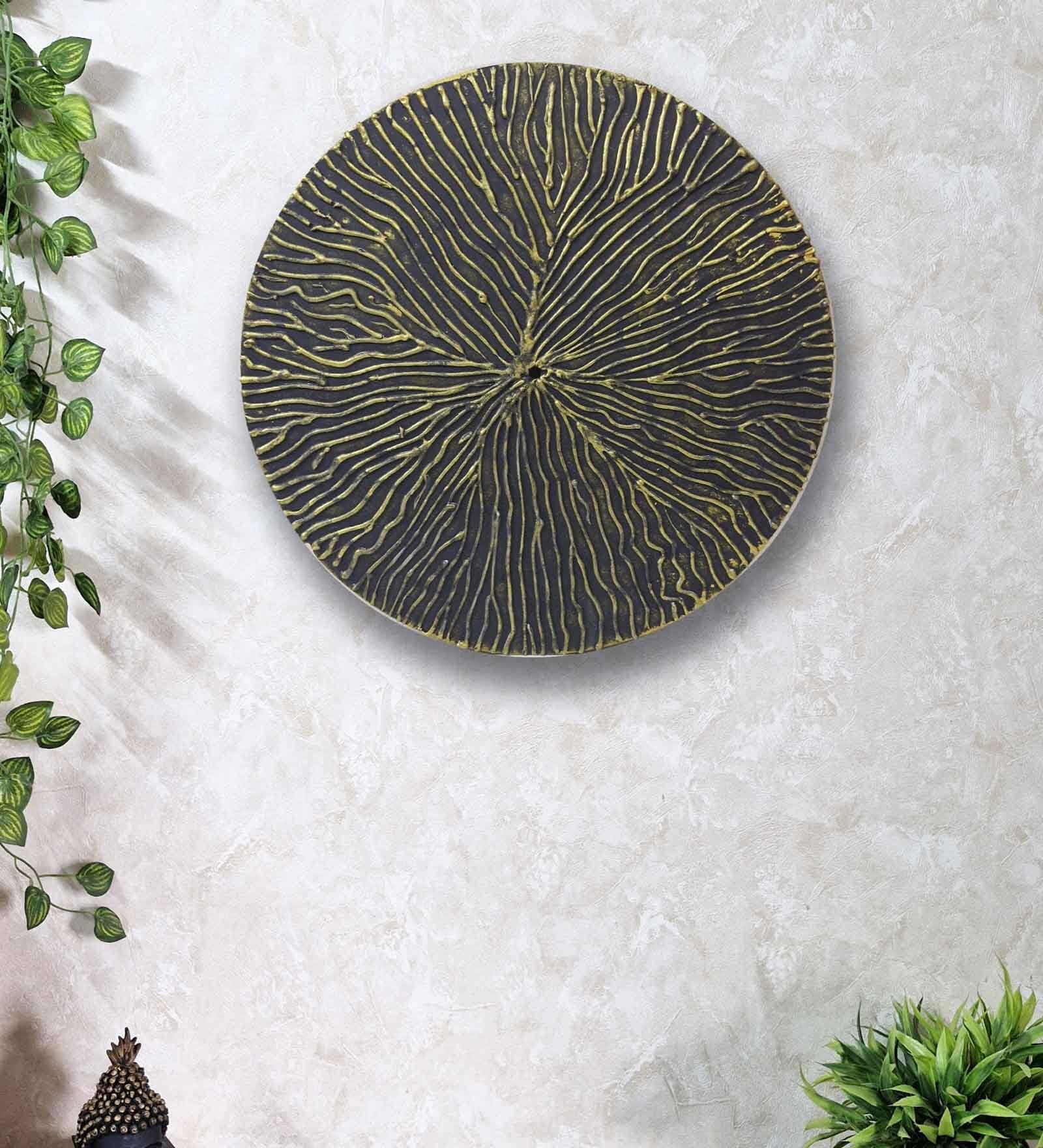 Black Engineered Wood Handmade 15 Inch Wall art with 3D Golden Sun rays