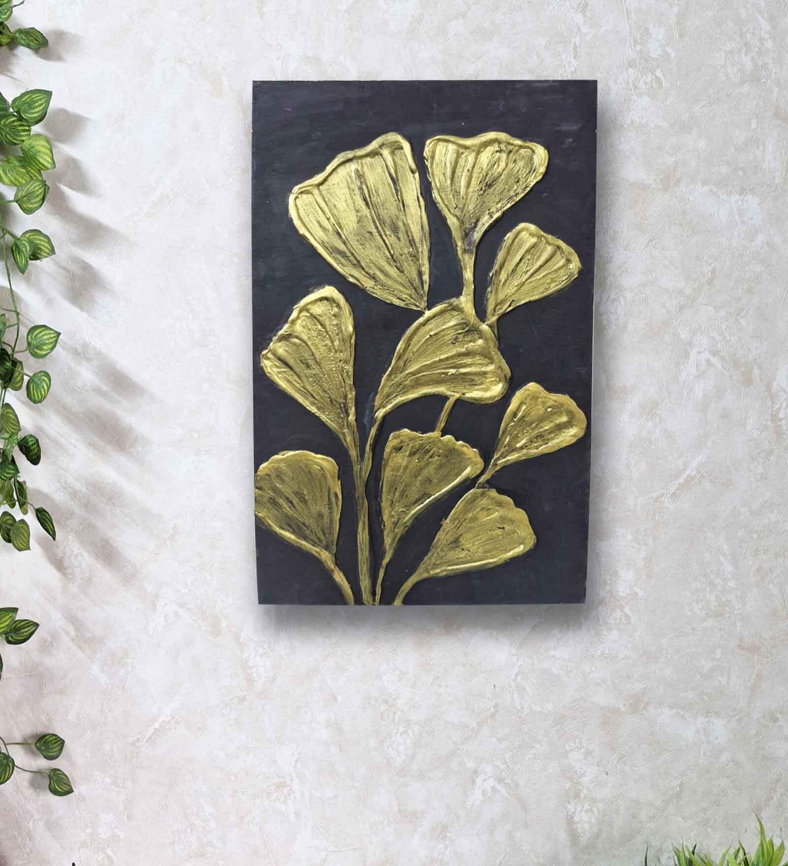 Black engineered Wood Rectangle Wall Art with 3D Gold Leaf design