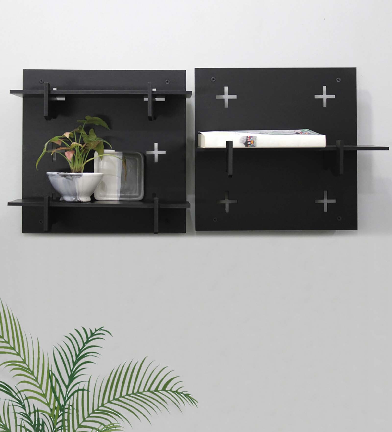 Black Engineered Wood Square Set of 2 Modular Wall Shelf