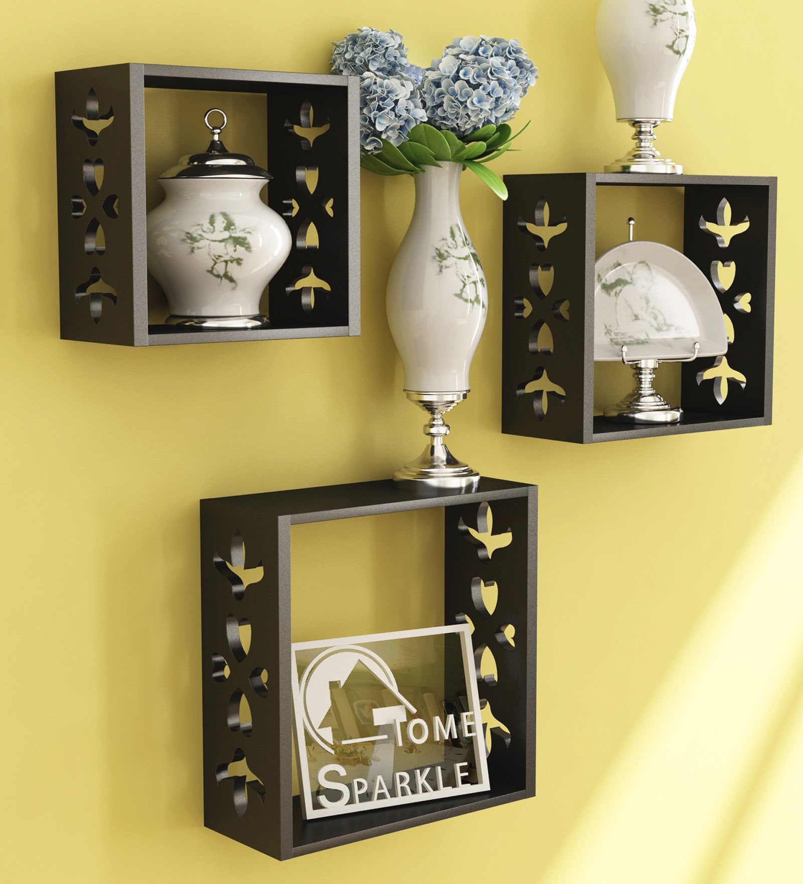 Set of 3 Engineered Wood Cube Wall Shelf in Black Colour