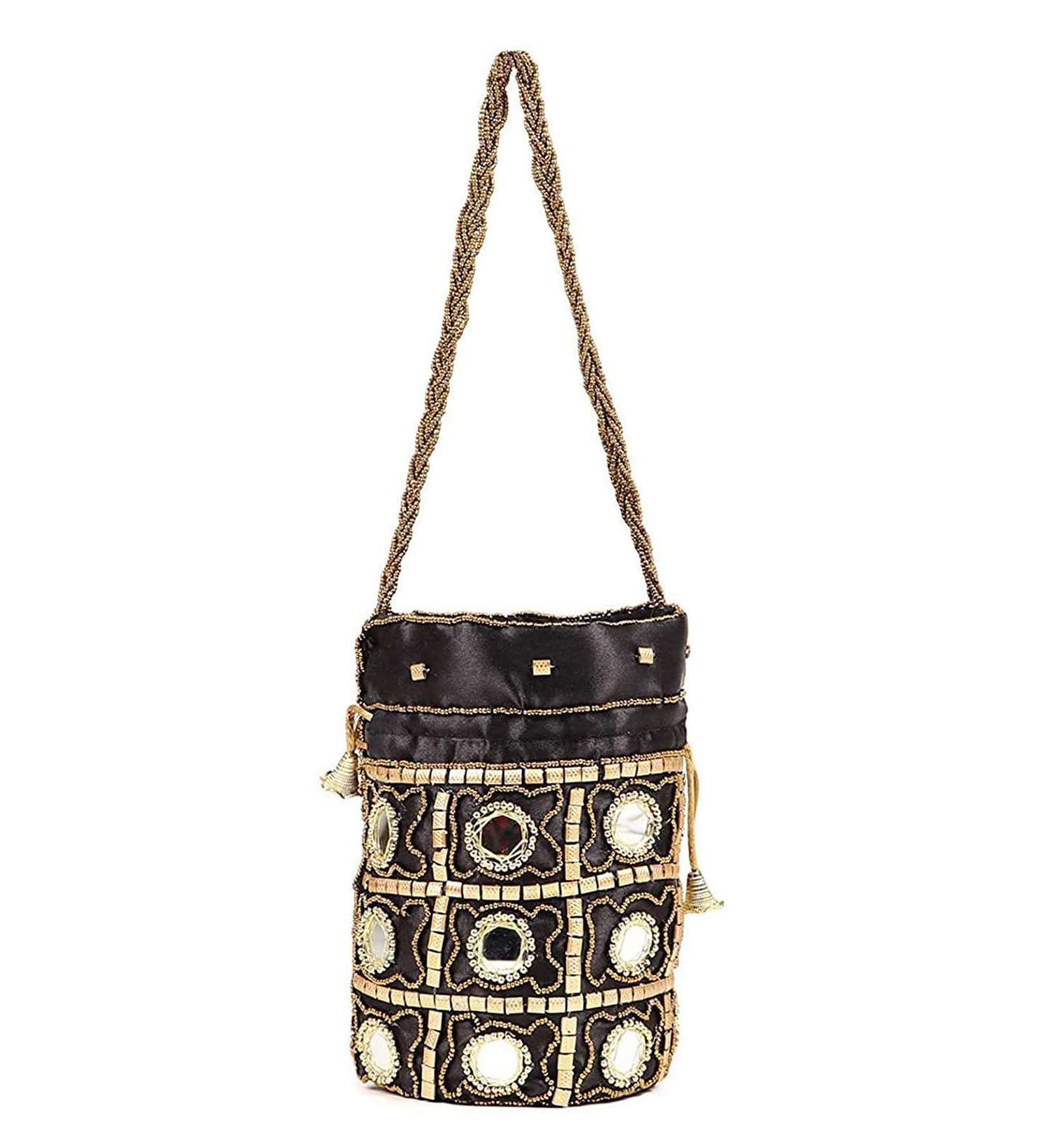 Black Fabric Embroidered Potli Bag for Women (20 cm)