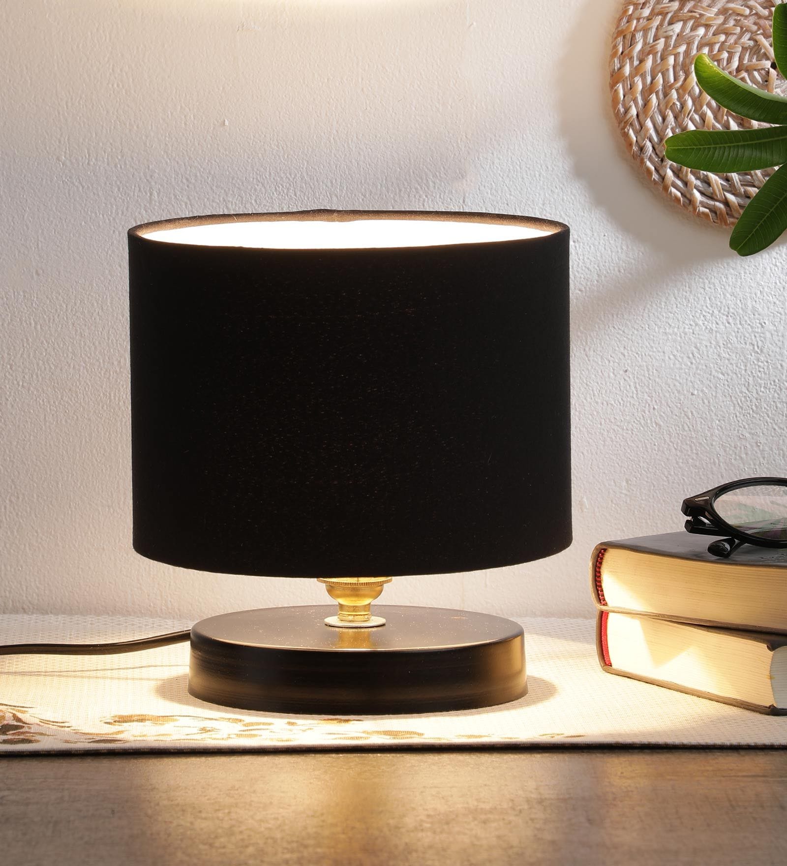 Black Cotton Shade Table Lamp With Metal Base