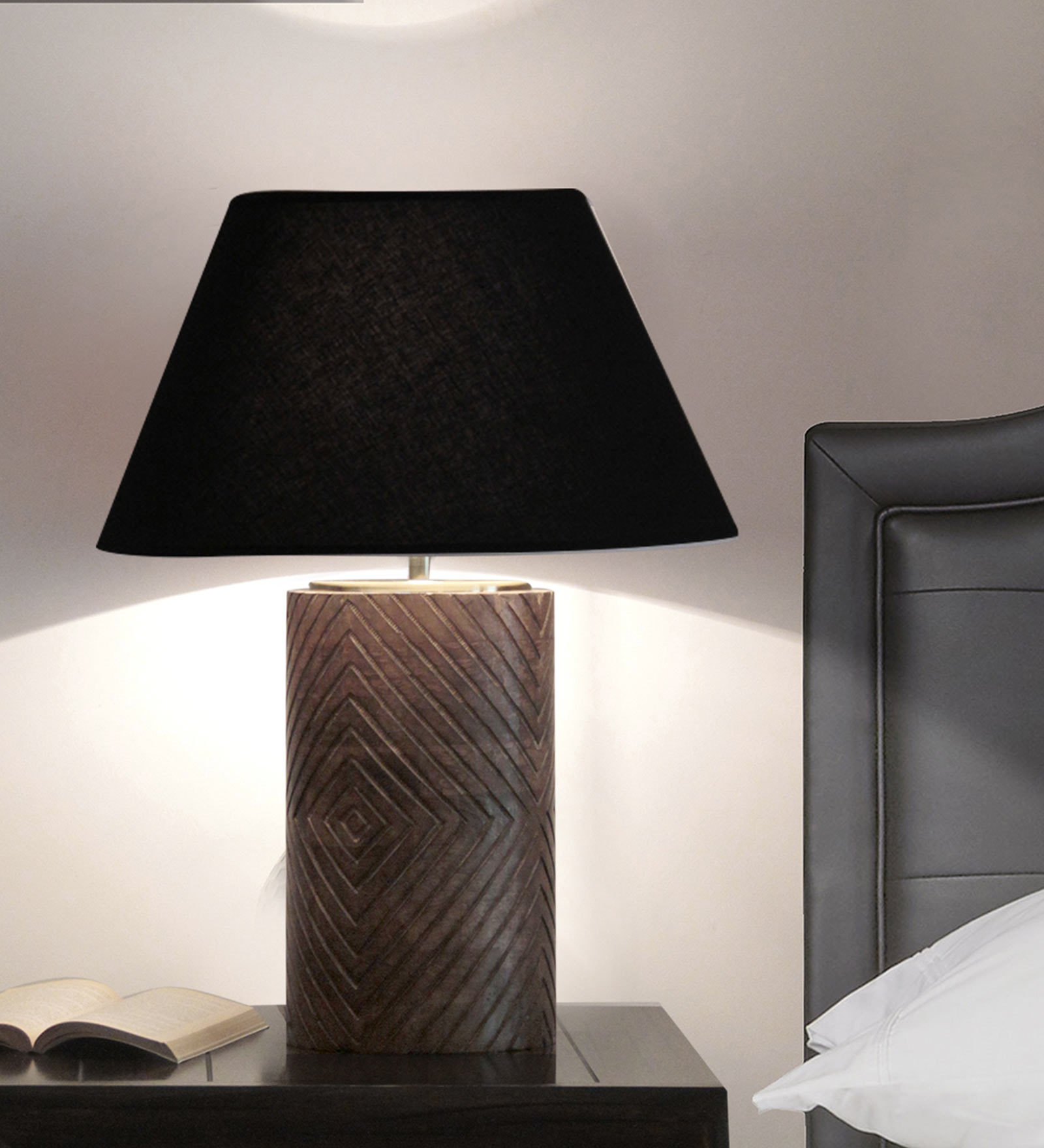 Black Fabric Shade Table Lamp with Brown Base