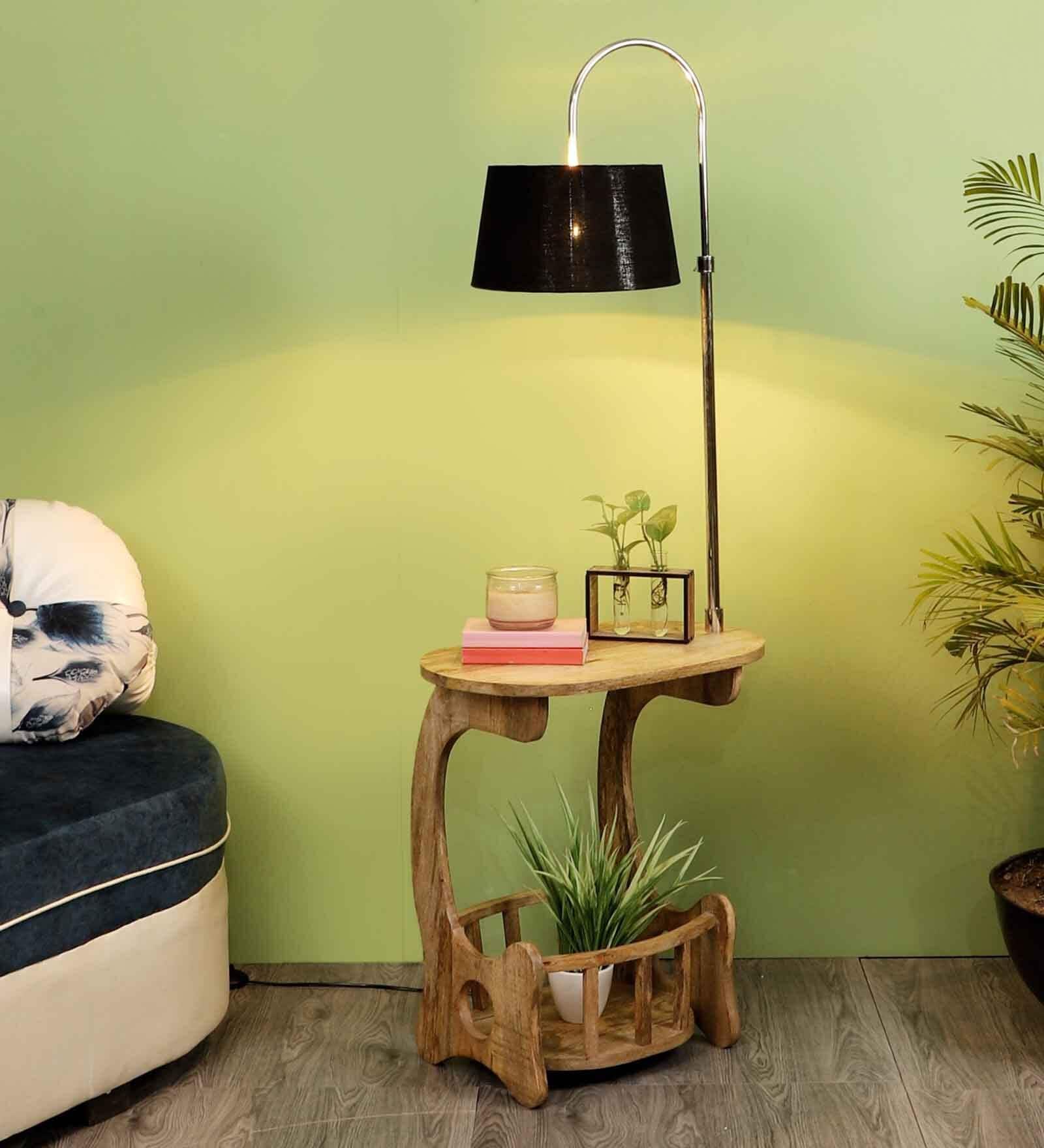 Gabrielle Black Fabric Shade Shelf Floor Lamp With Wood Base