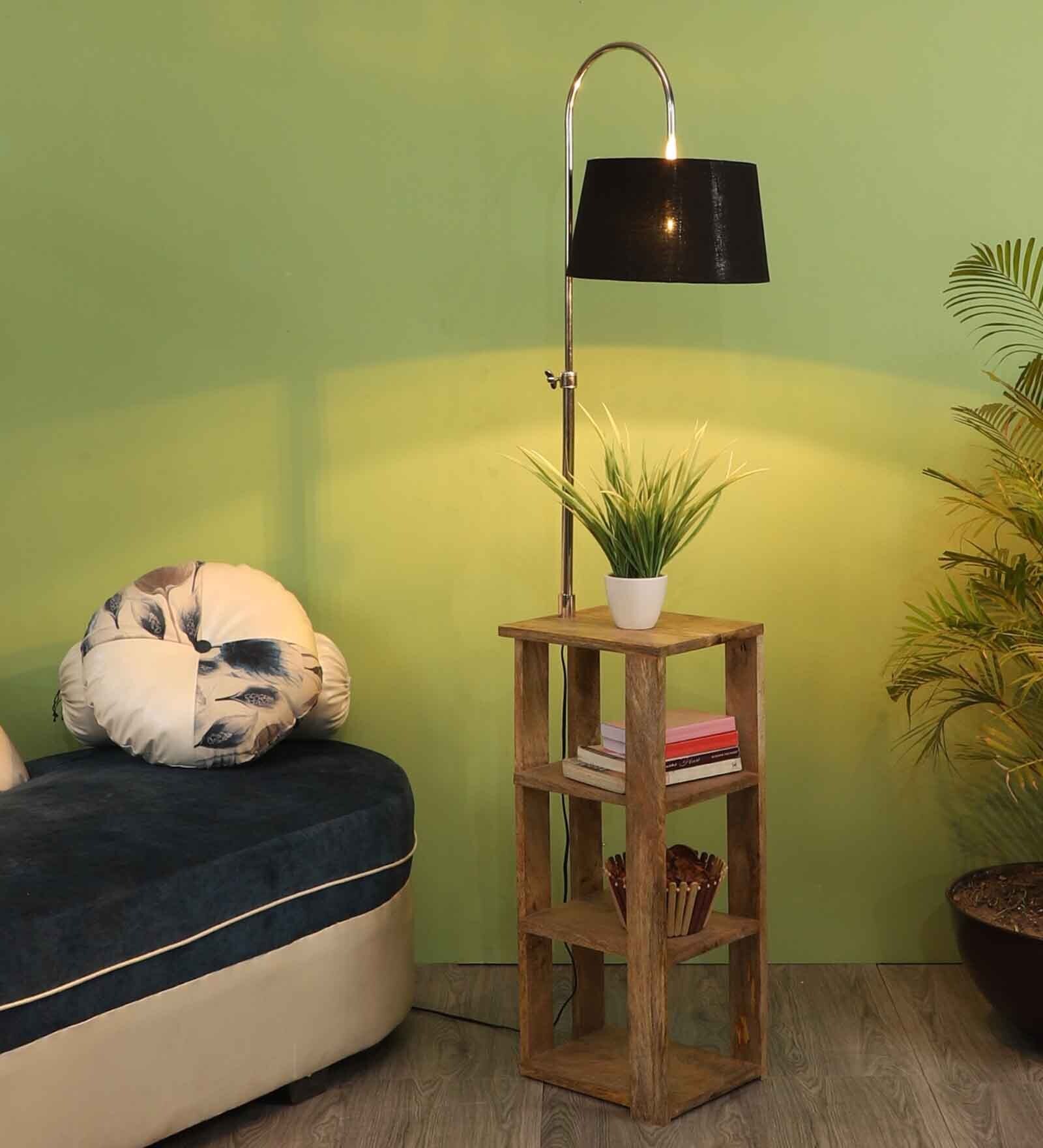 Black Fabric Shade Floor Lamp With Brown Base