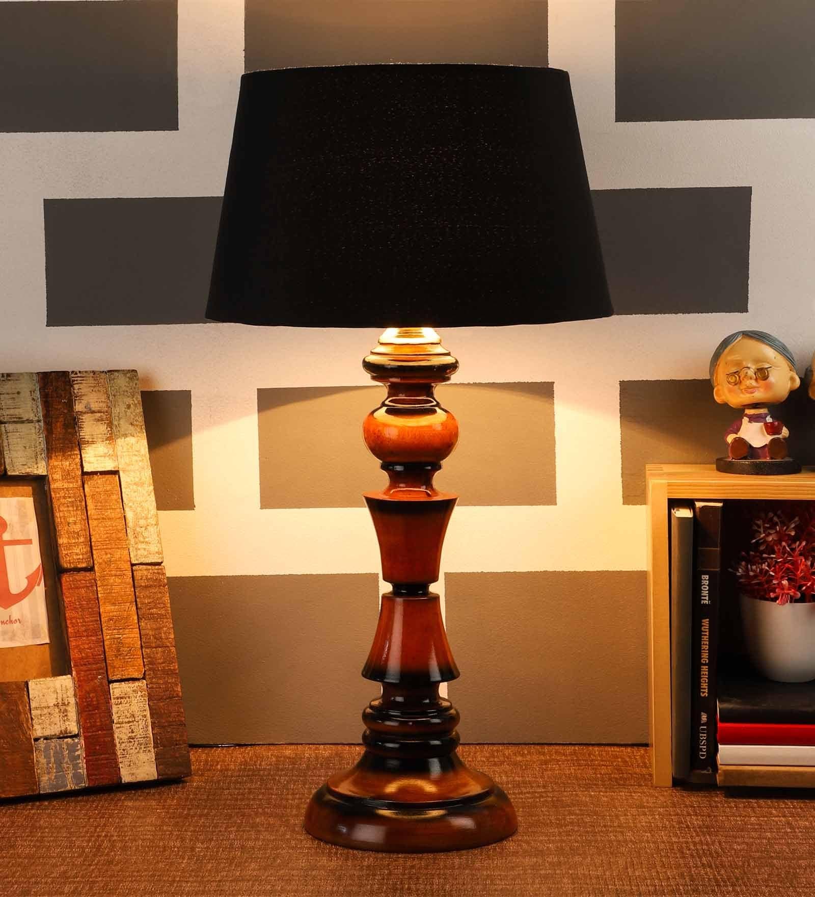 Black Fabric Shade Table Lamp With Brown Base