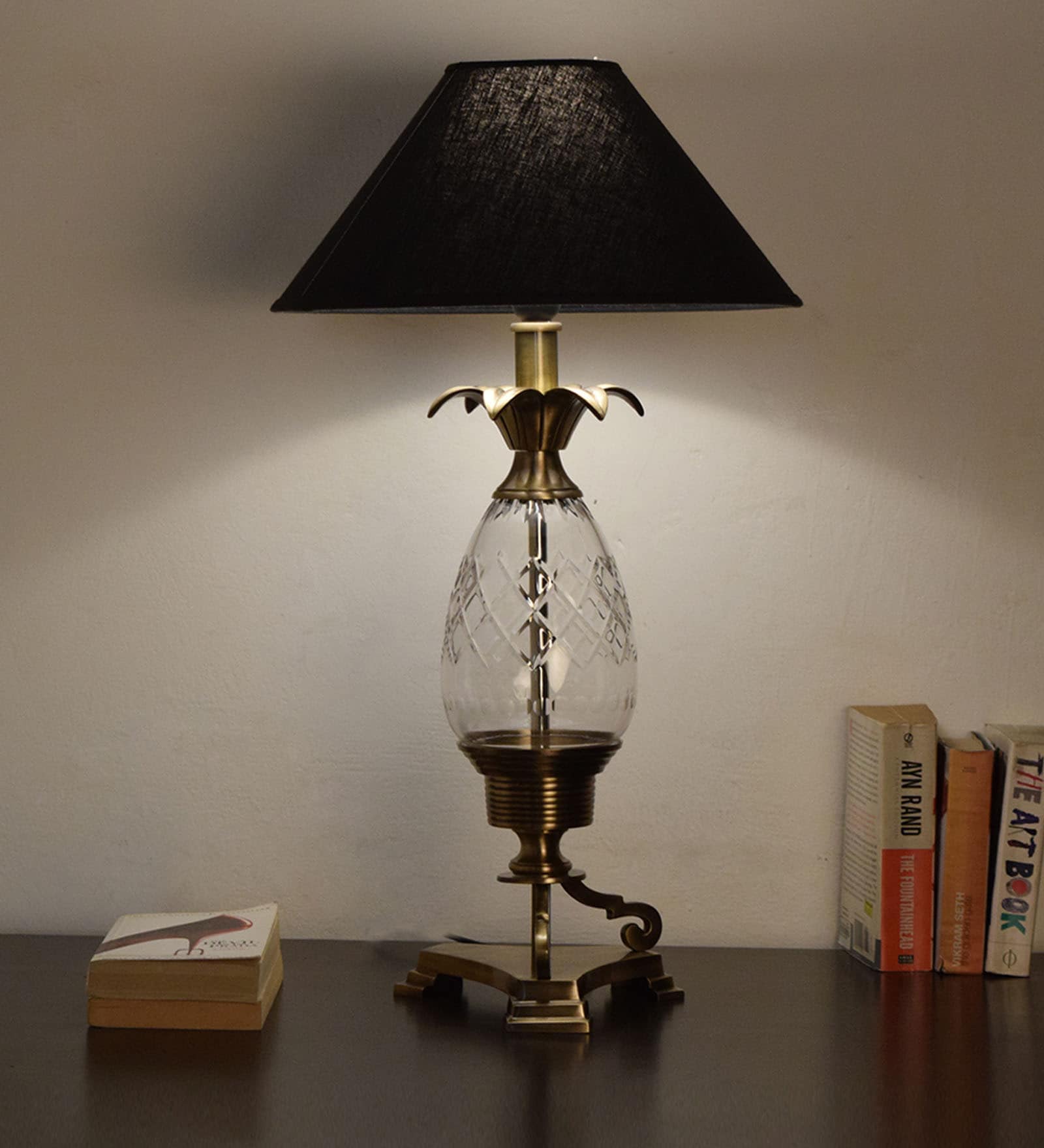 Black Fabric Shade Table Lamp with Brown Base