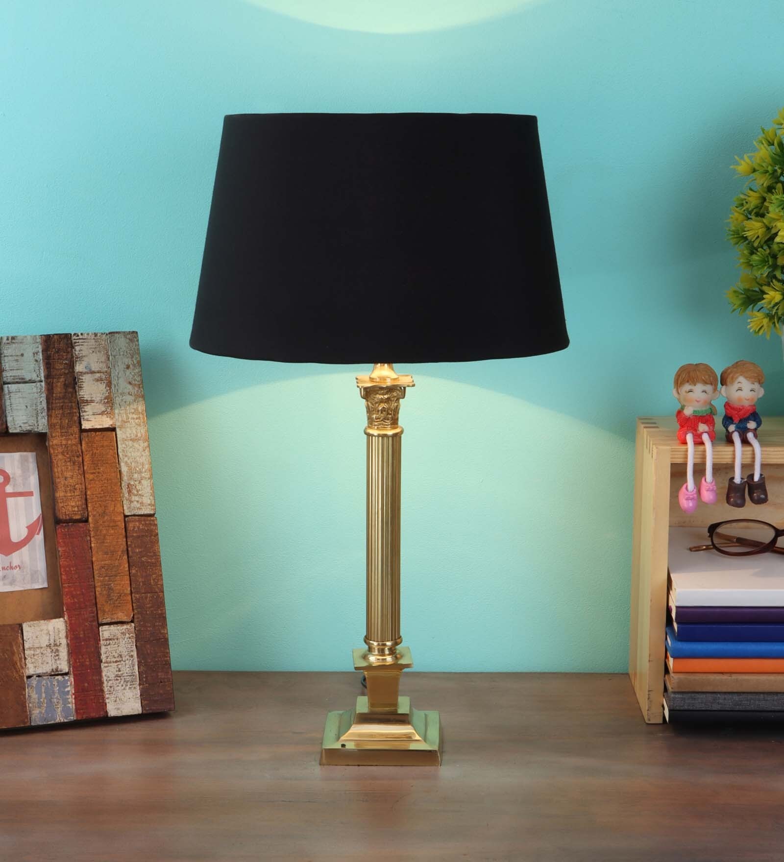 Black Fabric Shade Table Lamp With Golden Base