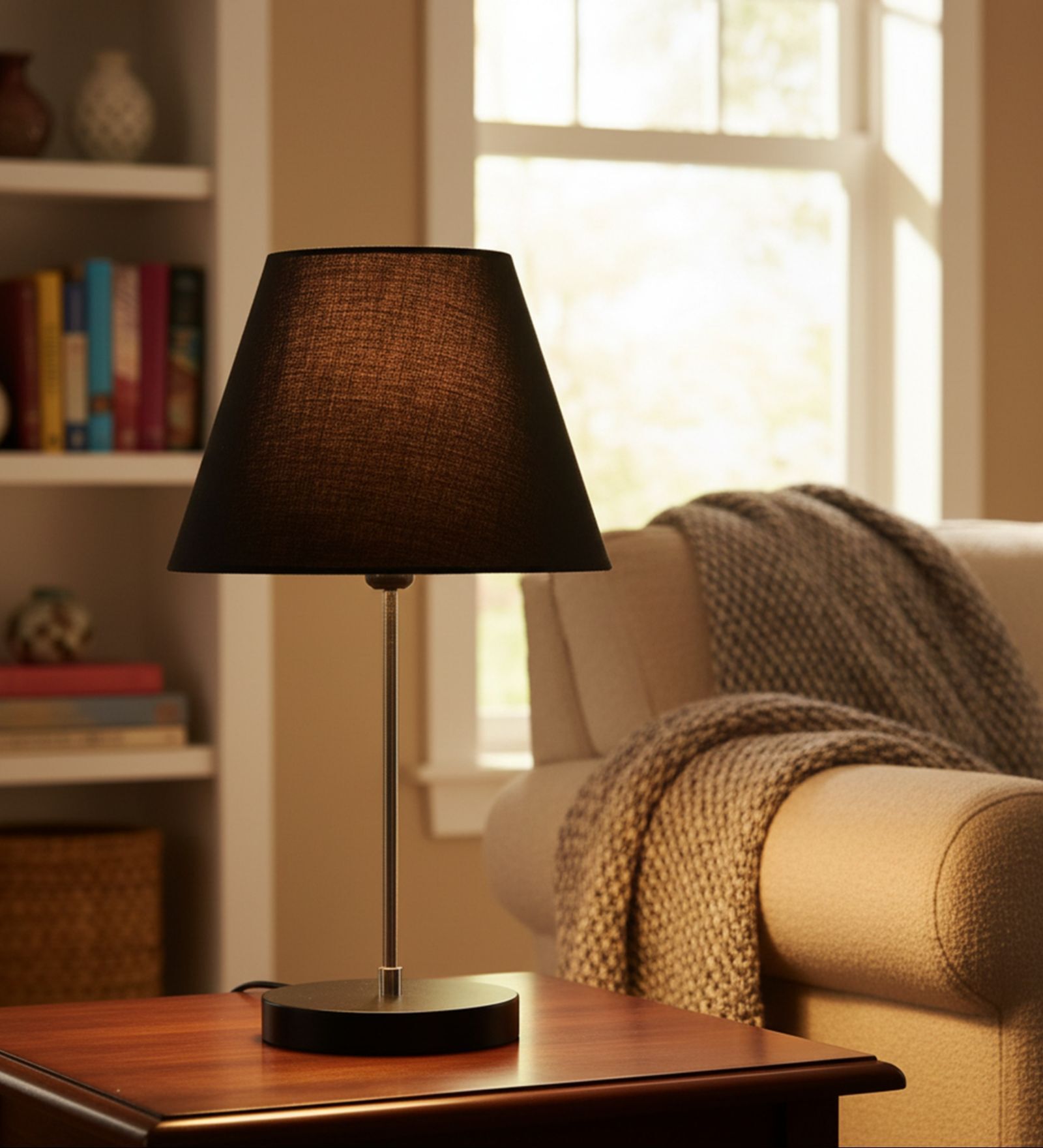 Black Fabric Shade with Modern Silver & Black Table Lamp for Bedroom & Living Room