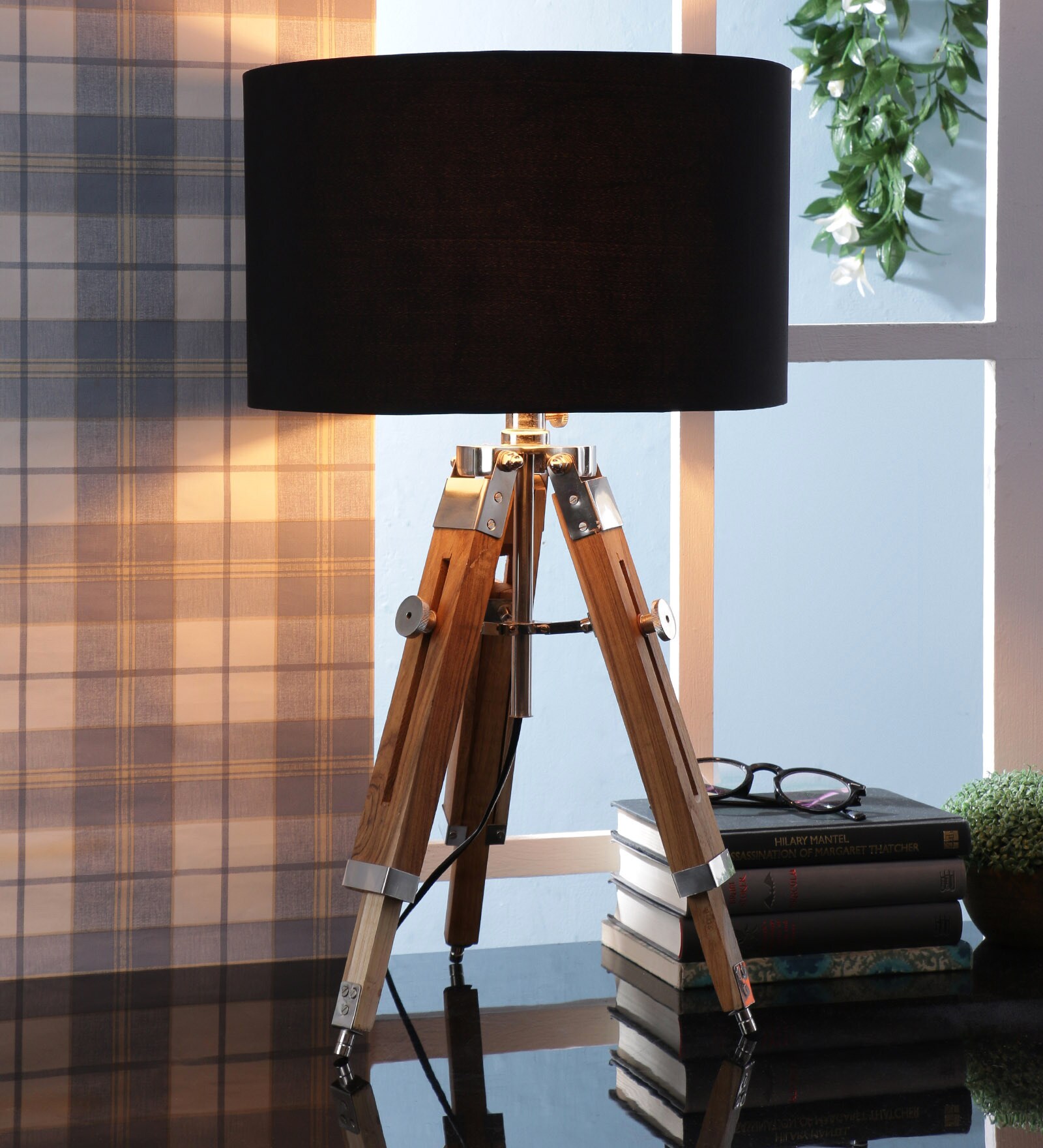 Black Fabric Shade Tripod Table Lamp with Brown Base
