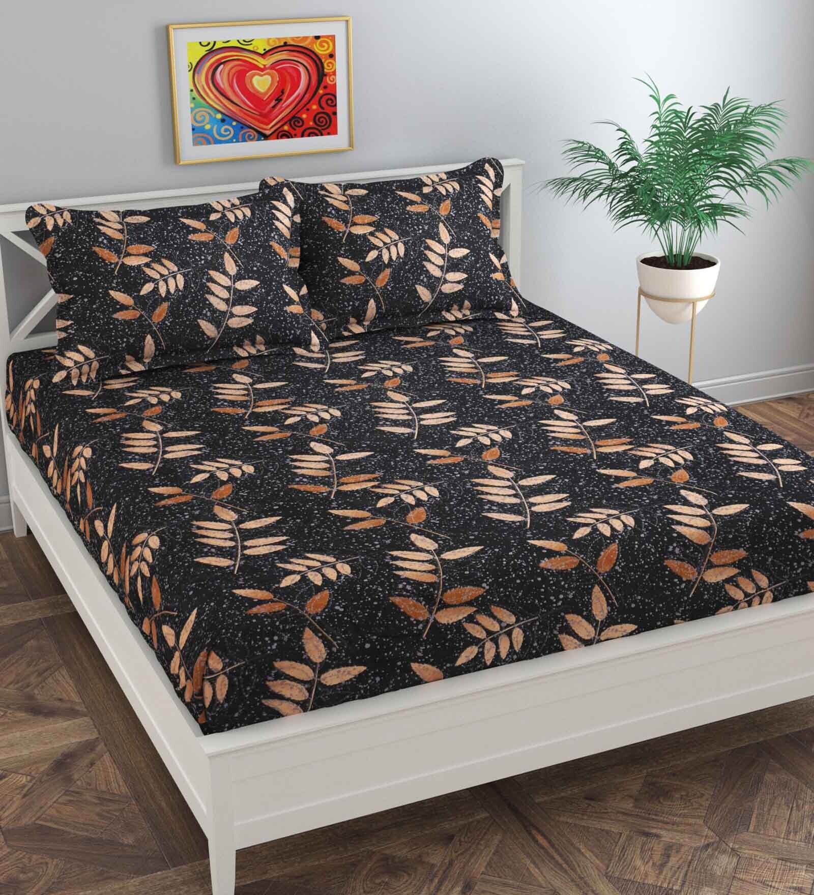 Black Floral 144 TC Poly Cotton Queen Sized Bedsheet With 2 Pillow Covers Forever Collection