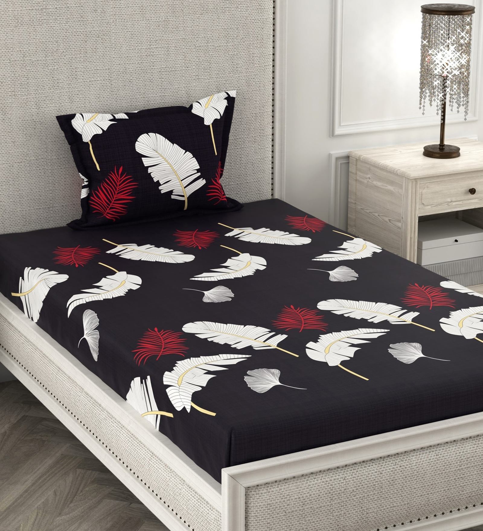 Black Floral 180 TC Microfiber Single Bedsheet With 1 Pillow Cover