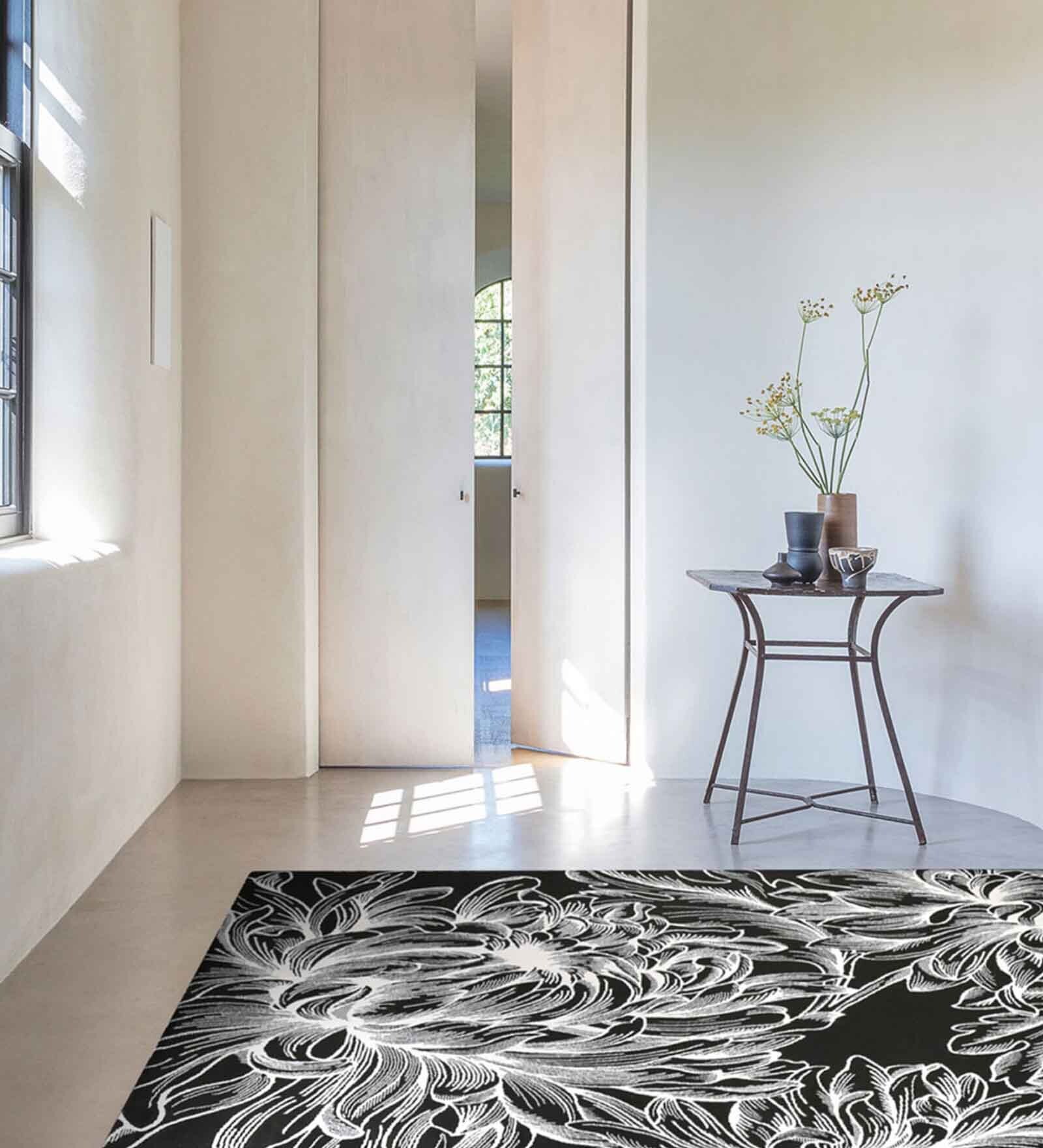 Black Floral Blended Linen 3 ft x 5 ft Machine Made Carpet