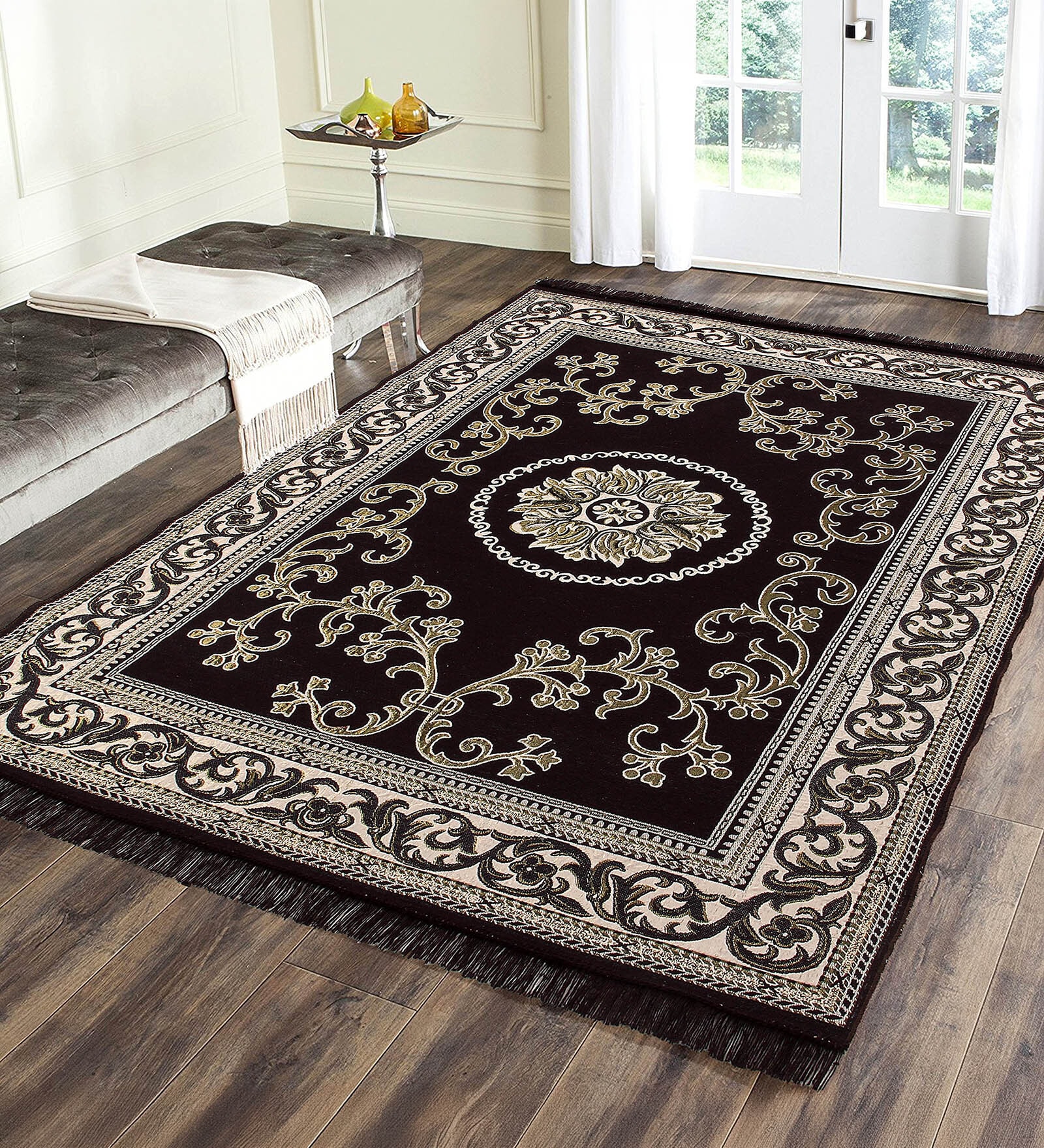 Black Floral Chenile 5 X 7 Feet Machine Made Carpet
