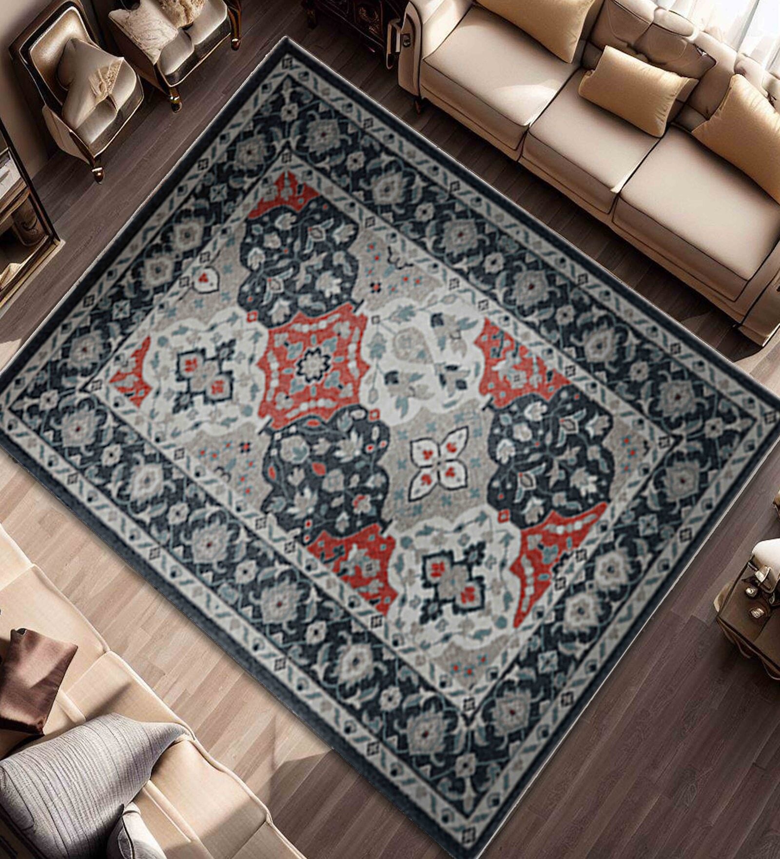 Black Floral Polyester 3 ft X 5 ft Machine Made Carpet