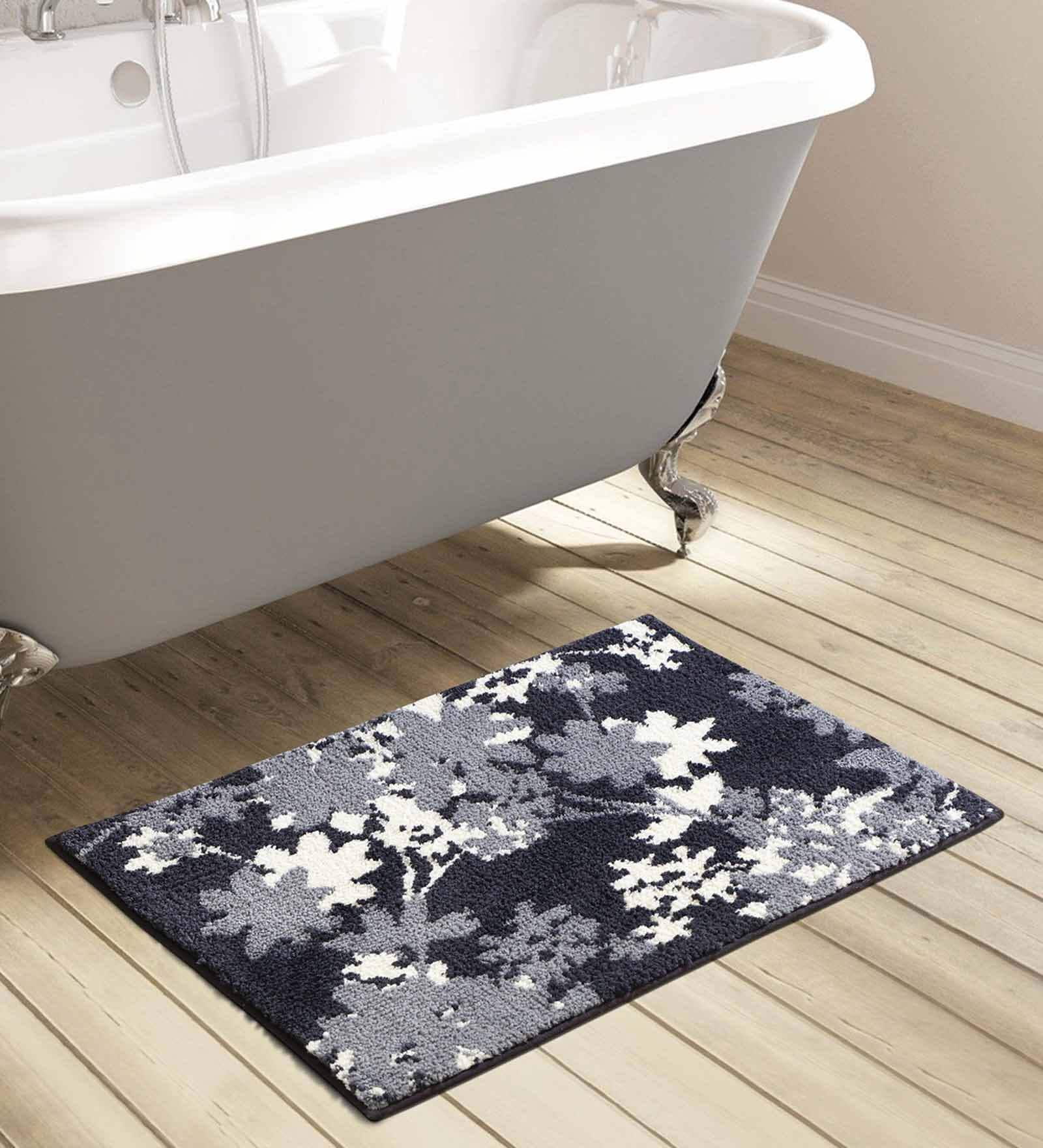 Black Floral Polyester AntiSkid Bathmat