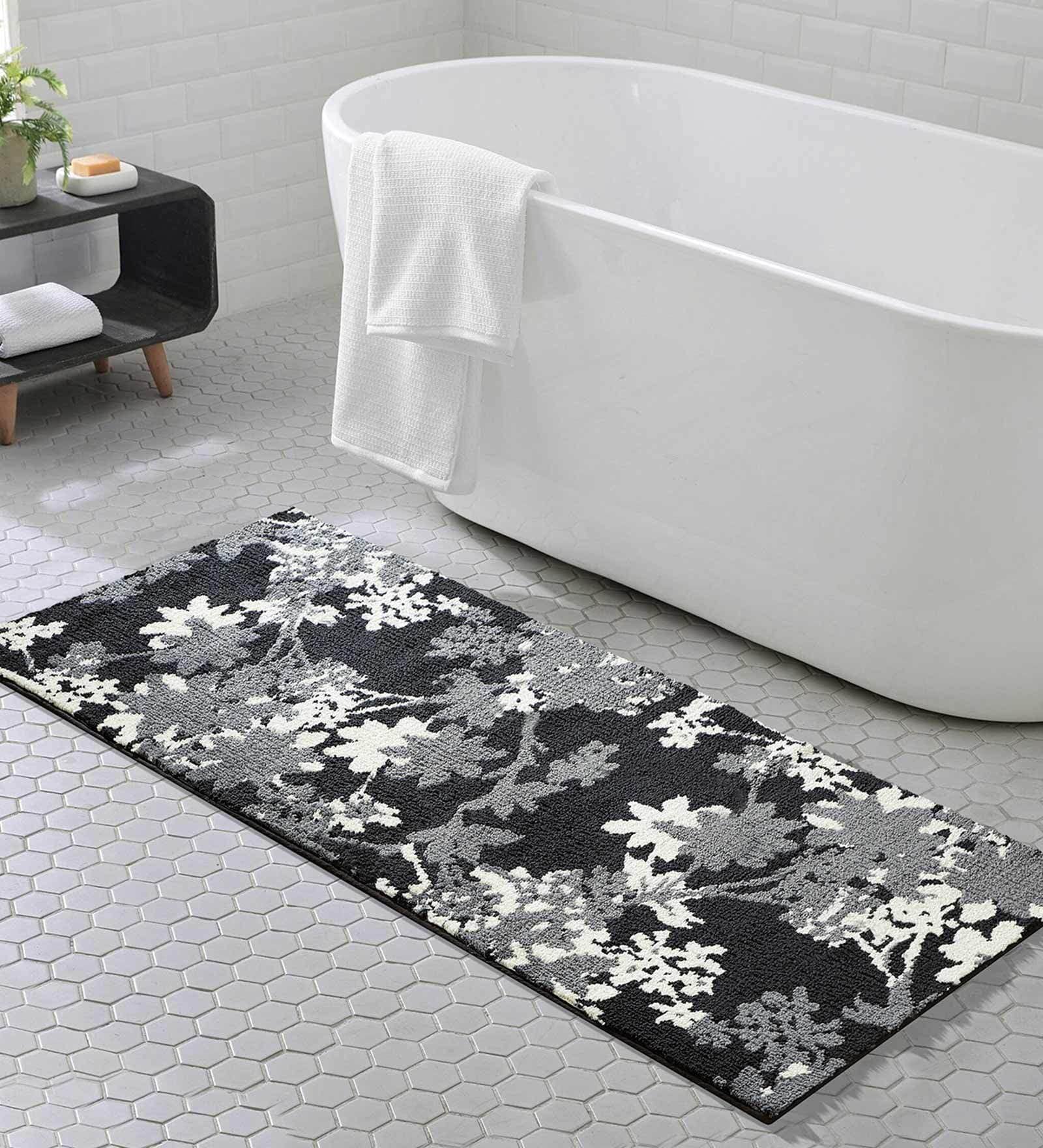Black Floral Polyester AntiSkid Bathmat