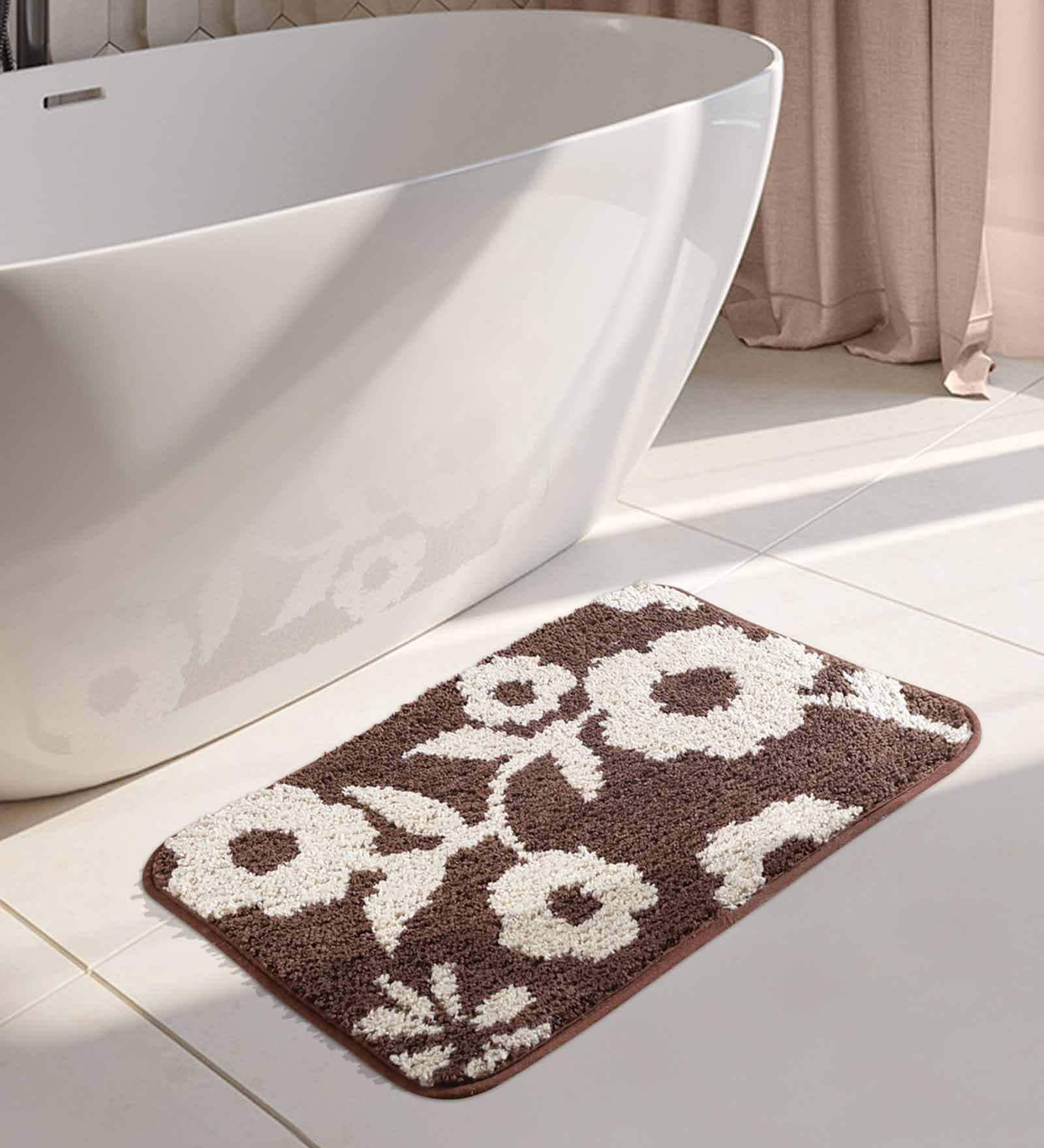 Black Floral Polyester 28x20 Inches AntiSkid Bath Mat