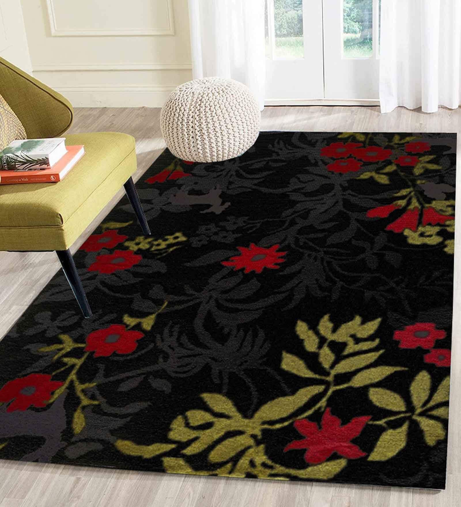 Black Floral Wool 5 ft x 7 ft Hand Tufted Carpet