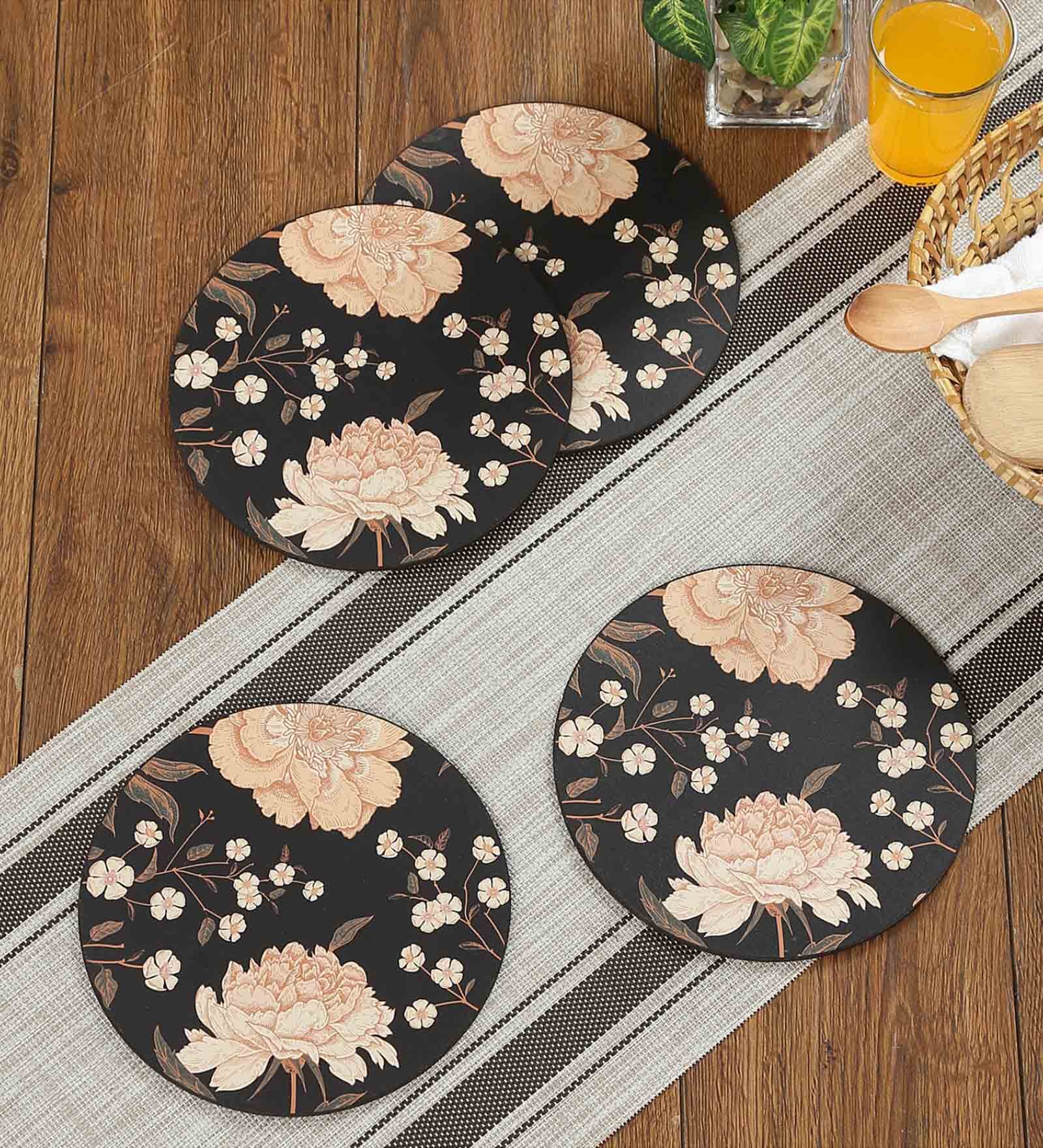 Black Flower Black MDF (Set of 4) Table Coaster Reinvention factory
