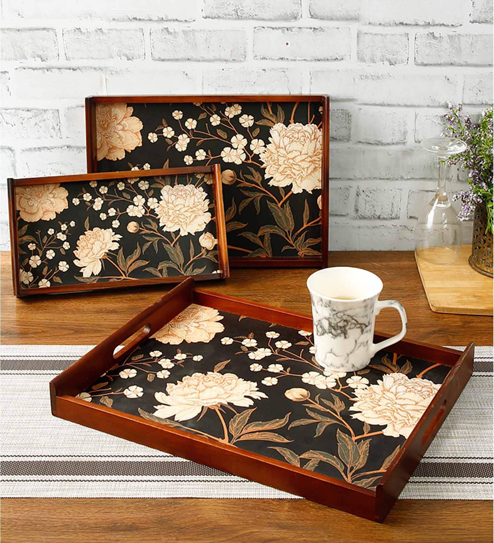 Black Flower Brown Teak Wood & MDF Serving Tray (Set of 3) Reinvention factory