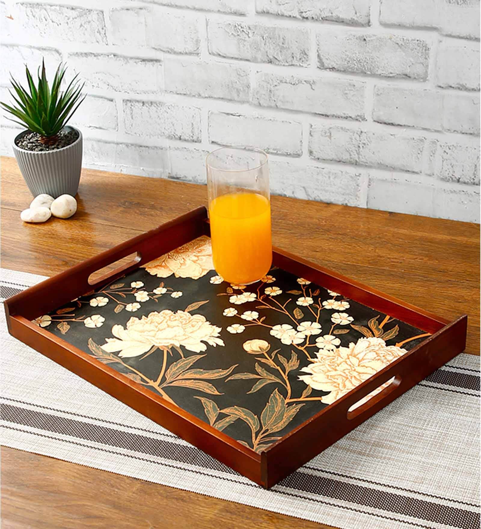 Black Flower Brown Teak Wood & MDF Serving Tray Reinvention factory
