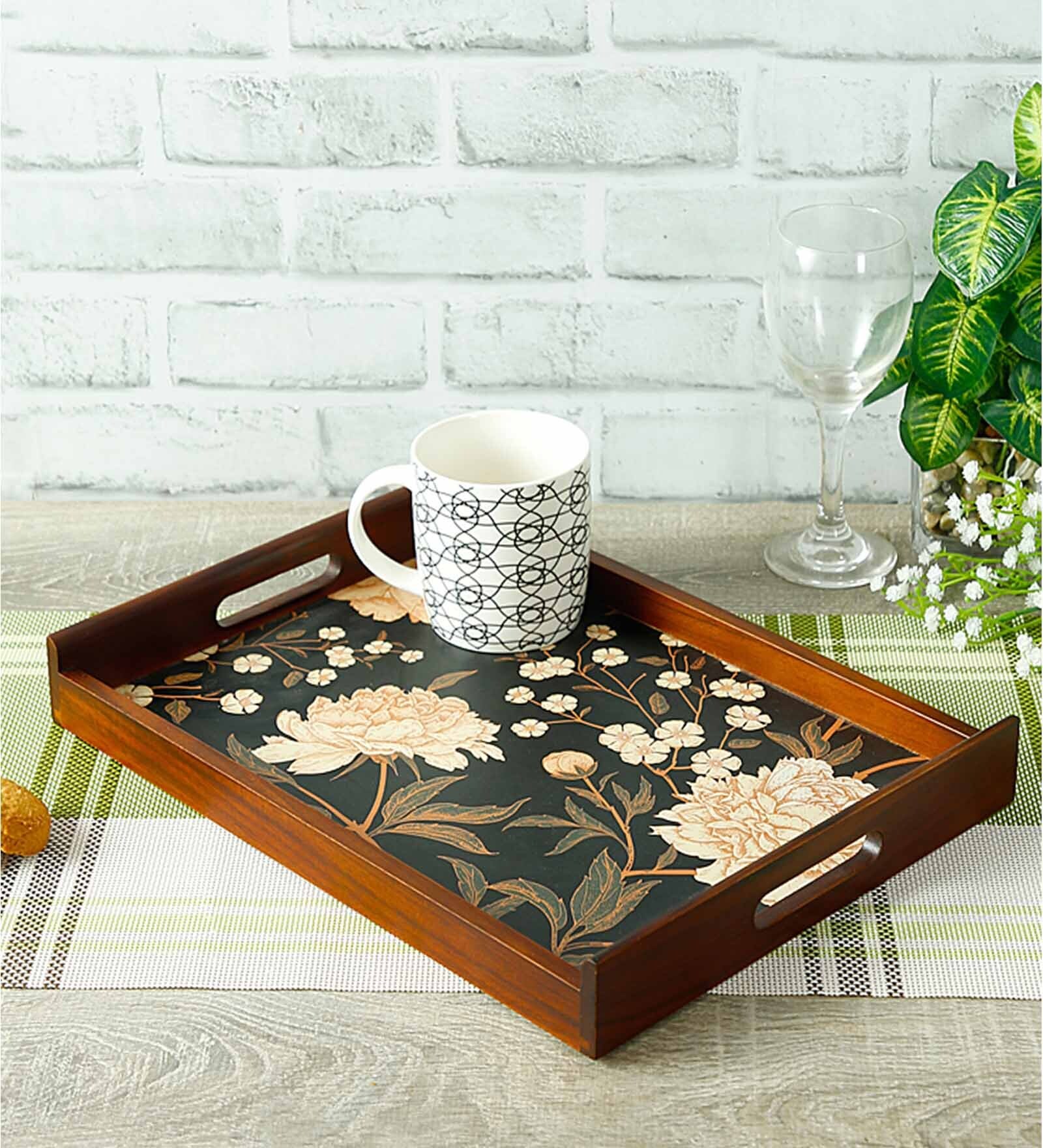 Black Flower Brown Teak Wood & MDF Serving Tray Reinvention factory