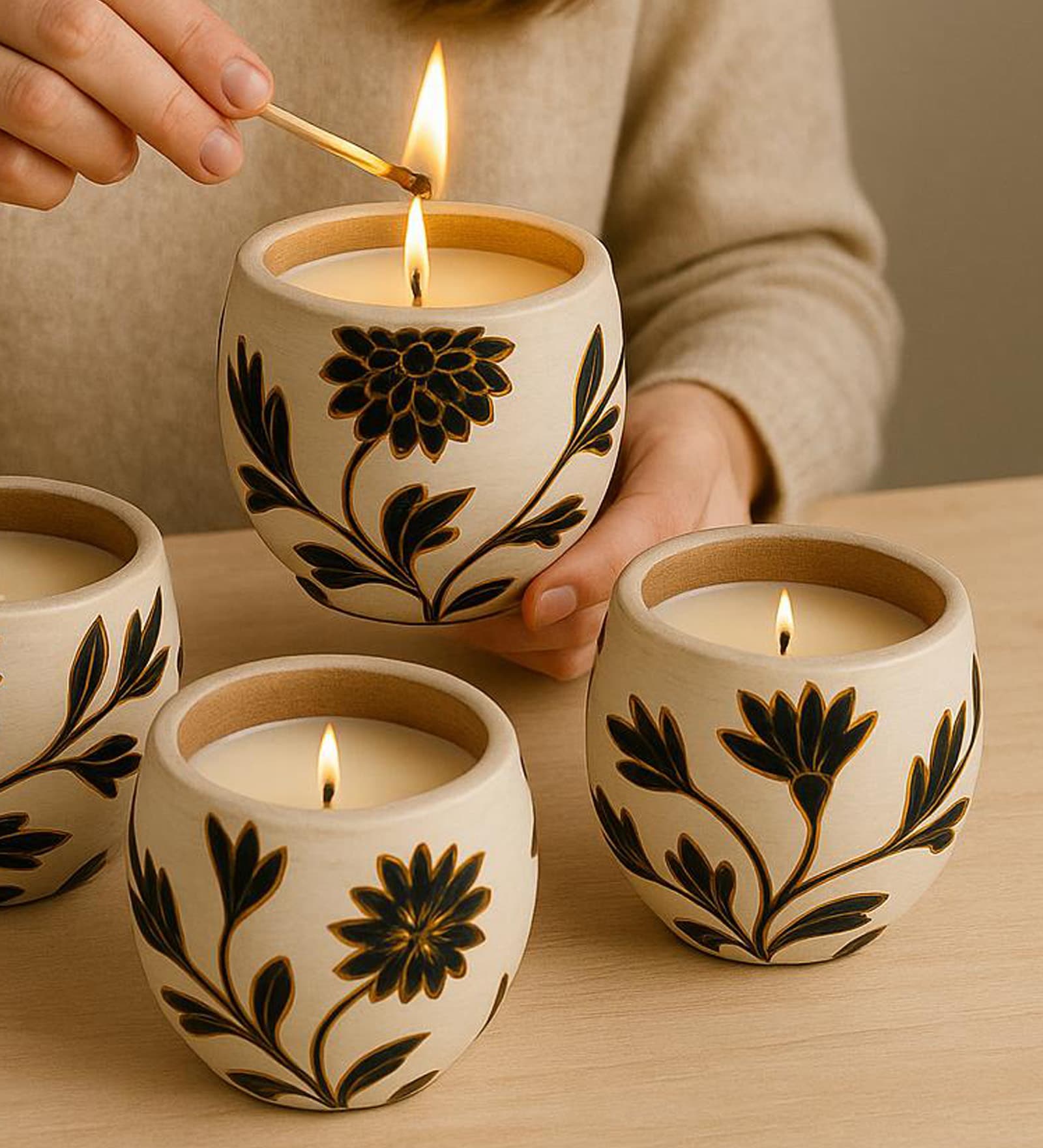 Black Flower Hand Painted Clay Jar